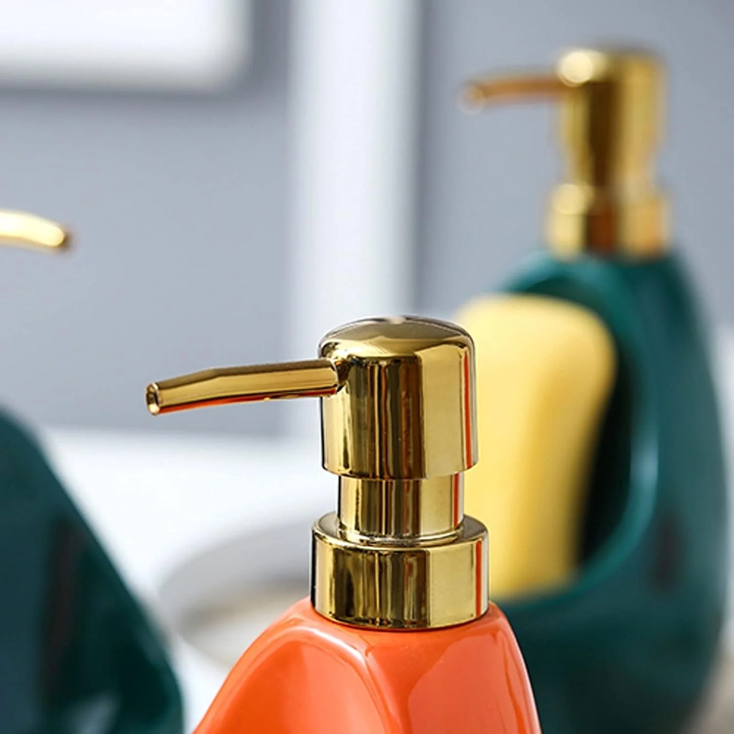 جا مایع دستشویی سرامیکی، جا مایع قابل شارژ مجدد، بطری پمپ مایع دستشویی برای سینک ظرفشویی آشپزخانه (سبز)