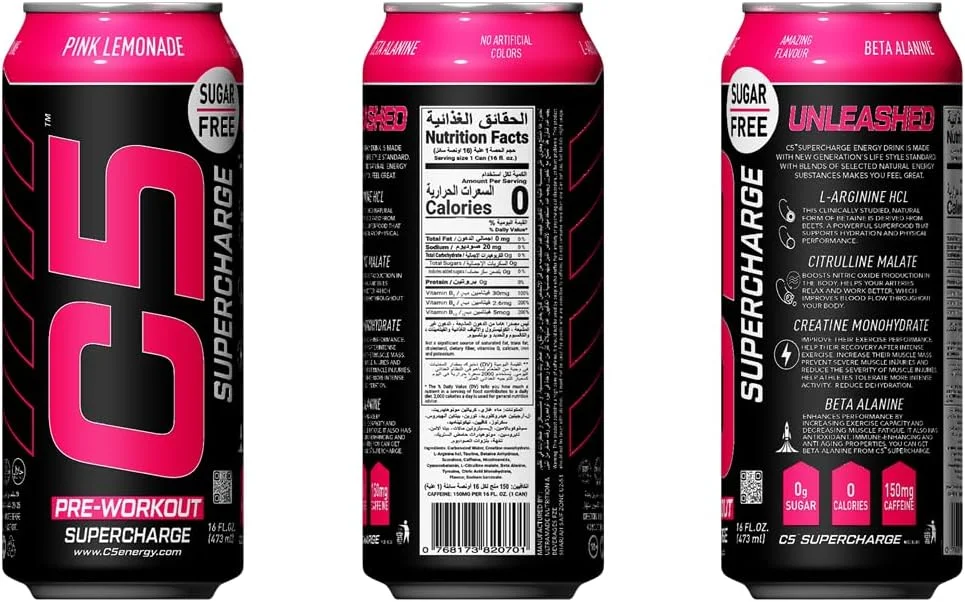 نوشیدنی انرژی زا C5 Extreme: مکمل SUPERCHARGE قبل از تمرین، لیموناد صورتی، بدون شکر، 150 میلی گرم کافئین، صفر کالری، با بتا آلانین، ال-آرژنین، تورین، تیروزین (بسته 12 عددی)