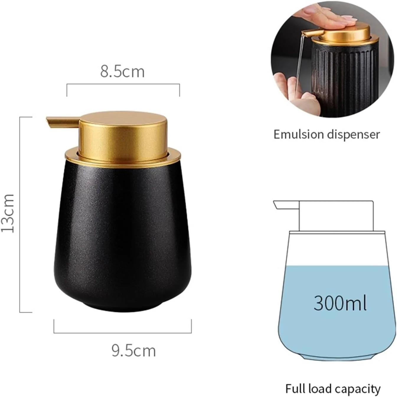 جا مایع دستشویی، جا مایع صابون فوم ساز برای دست ها، بطری سرامیکی مشکی مات 300 میلی لیتری برای حمام یا آشپزخانه، جا مایع صابون مایع جا مایع دستشویی، جا مایع صابون فوم ساز برای دست ها، بطری سرامیکی مشکی مات 300 میلی لیتری برای حمام یا آشپزخانه، جا مایع صابون مایع