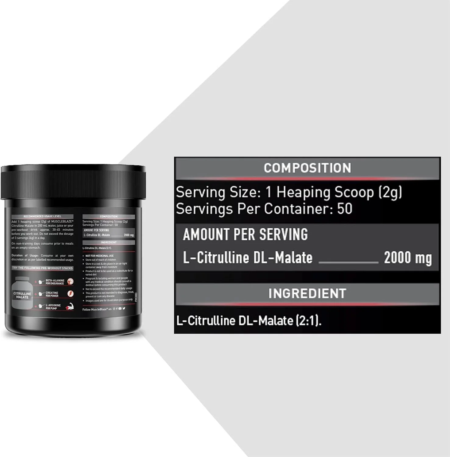 پودر سیترولین مالات MuscleBlaze (بدون طعم، 100 گرم)| پشتیبانی از استقامت و پمپ عضلانی، 1 عدد، 50 سروینگ