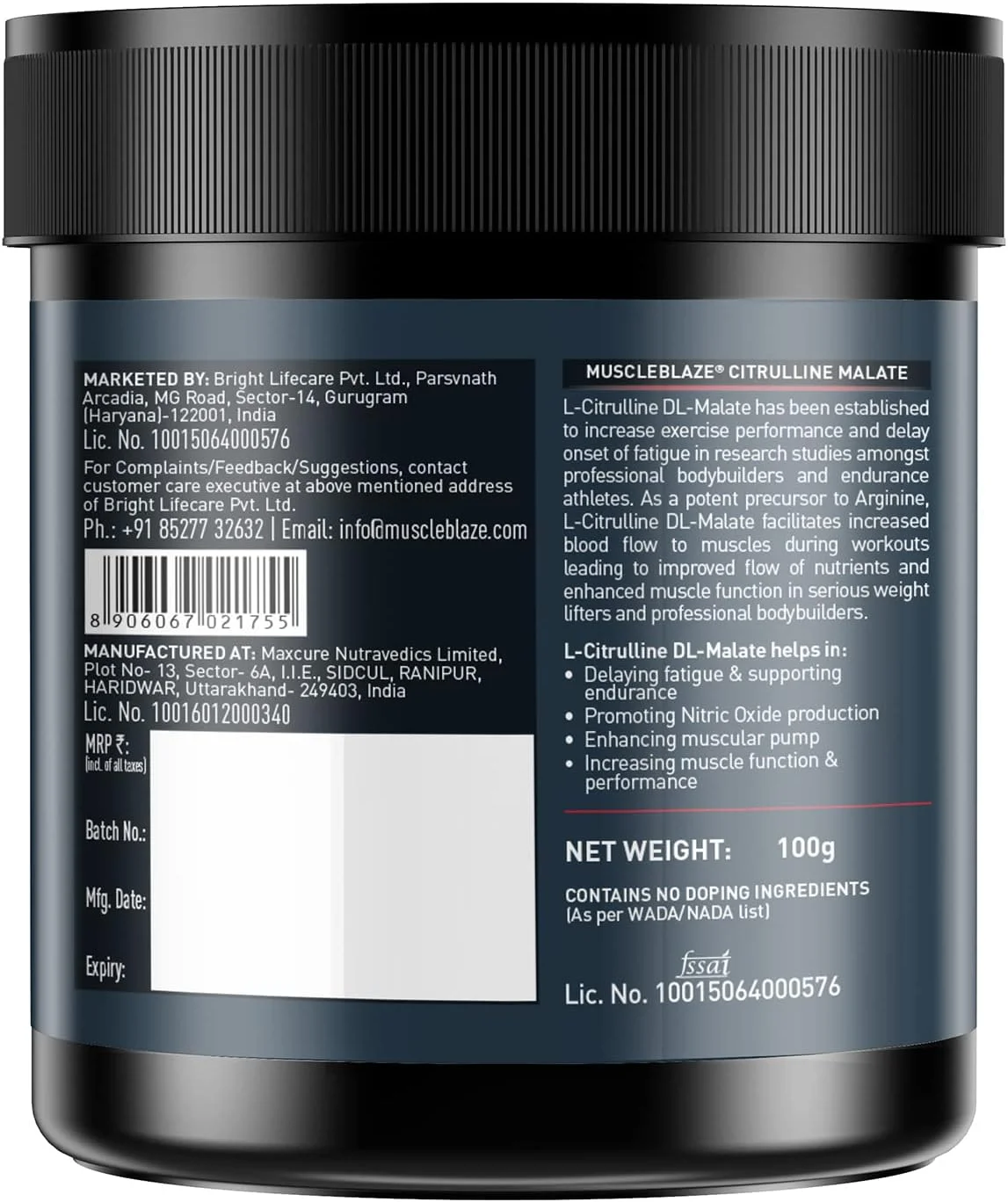 پودر سیترولین مالات MuscleBlaze (بدون طعم، 100 گرم)| پشتیبانی از استقامت و پمپ عضلانی، 1 عدد، 50 سروینگ
