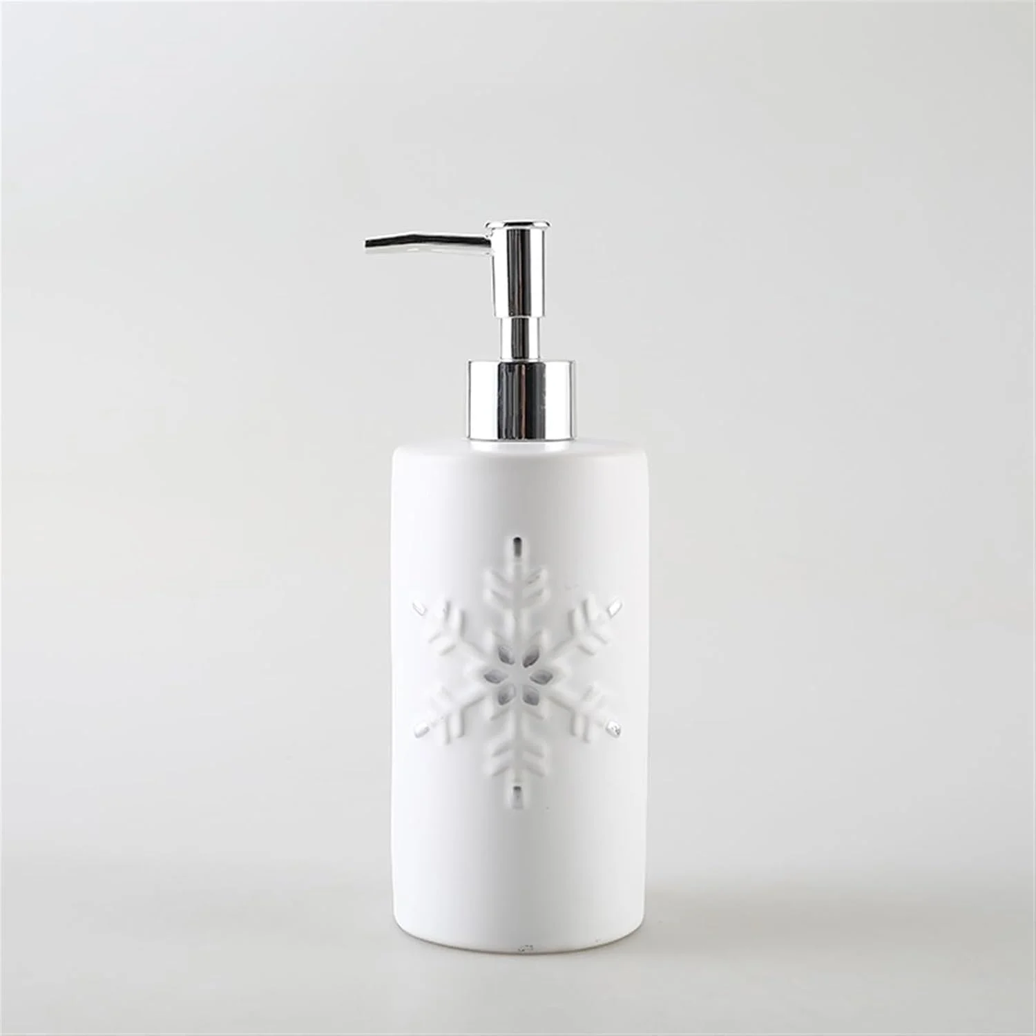 جامایع دستشویی سرامیکی با طرح برجسته دانه برف، پمپ مایع دستشویی سفید، بطری قابل شارژ، جا مایع ظرفشویی، صابون