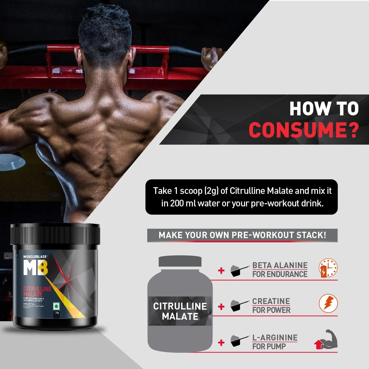پودر سیترولین مالات MuscleBlaze (بدون طعم، 100 گرم)| پشتیبانی از استقامت و پمپ عضلانی، 1 عدد، 50 سروینگ