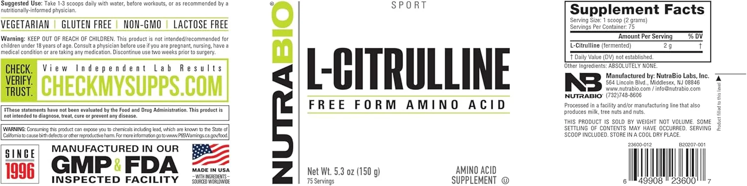 پودر ال-سیترولین NutraBio، تقویت کننده اکسید نیتریک - 150 گرم پودر ال-سیترولین NutraBio، تقویت کننده اکسید نیتریک - 150 گرم
