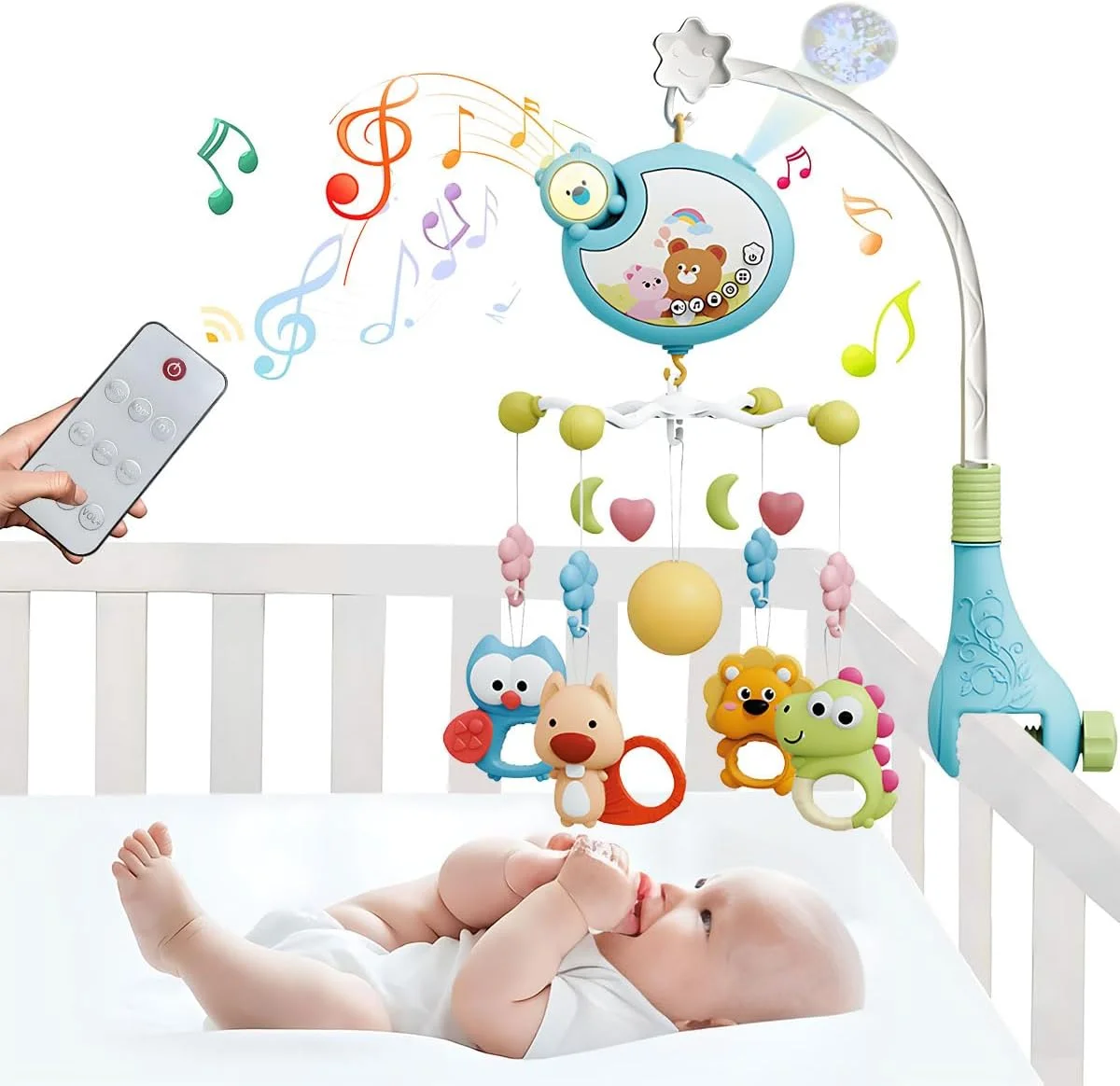 موبایل تخت نوزاد Azulmart با چرخش خنده‌دار، آویز جغجغه موزیکال و کنترل از راه دور، موتور چرخان، چراغ شب پروژکتوری، موسیقی آرامش‌بخش، اسباب‌بازی حسی قابل حمل حیوانات برای نوزاد هدیه