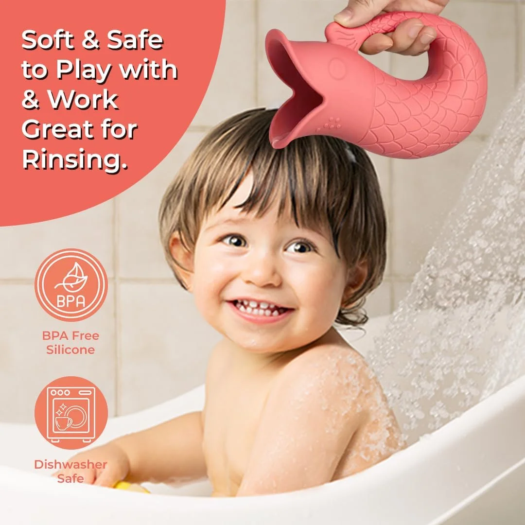 فنجان آبکشی حمام کودک با دسته - فنجان آبکشی شامپو سیلیکونی و ماساژور بدن برای نوزادان و کودکان نوپا - نرم، ایمن، ضروری برای حمام بدون ریزش (رنگ سرخ)