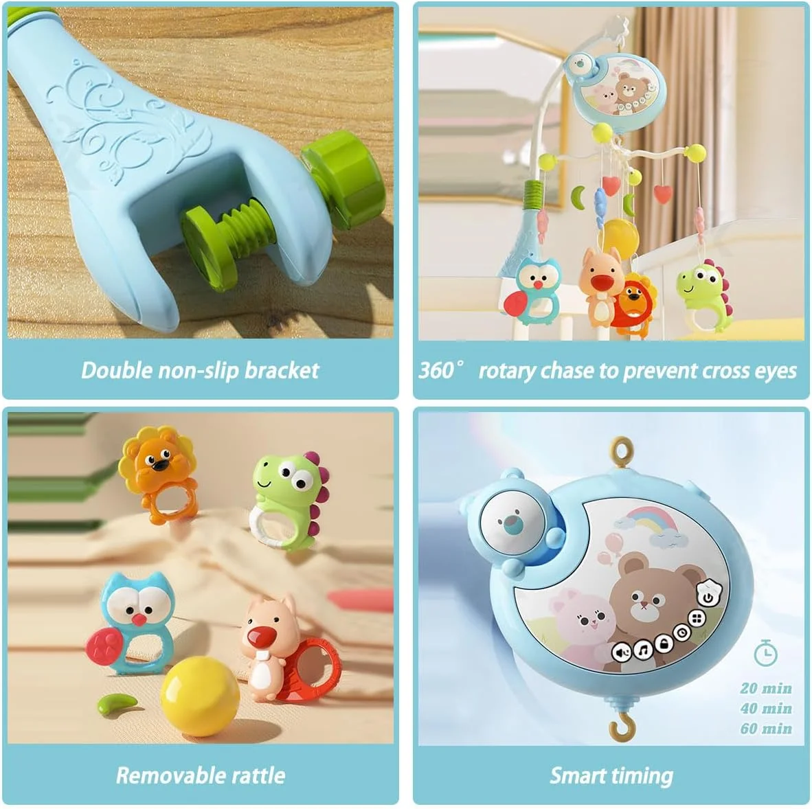 موبایل تخت نوزاد Azulmart با چرخش خنده‌دار، آویز جغجغه موزیکال و کنترل از راه دور، موتور چرخان، چراغ شب پروژکتوری، موسیقی آرامش‌بخش، اسباب‌بازی حسی قابل حمل حیوانات برای نوزاد هدیه