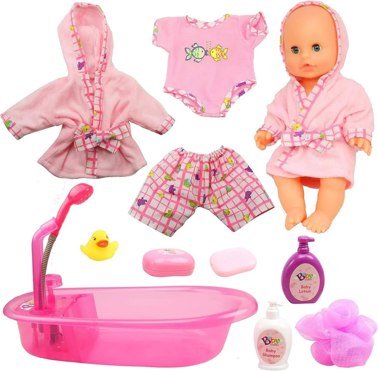ست وان حمام عروسک با سر دوش کارکردی - عروسک به همراه لوازم جانبی برای حمام کردن - ست حمام عروسک اسباب بازی بازی وانمودی هدیه ای عالی برای کودکان و نوپاها - HX866-2