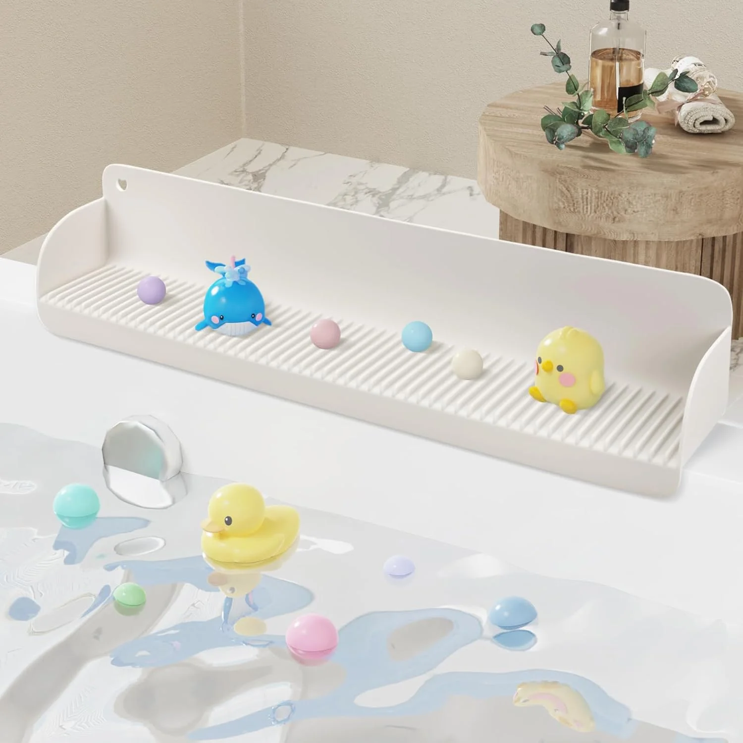 محافظ پاشش آب وان حمام Cfyosnk برای کودکان، سینی بزرگ 23.2 اینچی نگهدارنده اسباب بازی، دارای 10 مکنده، محافظ پاشش آب وان حمام، سرگرم کننده برای کودکان نوپا و نوزاد