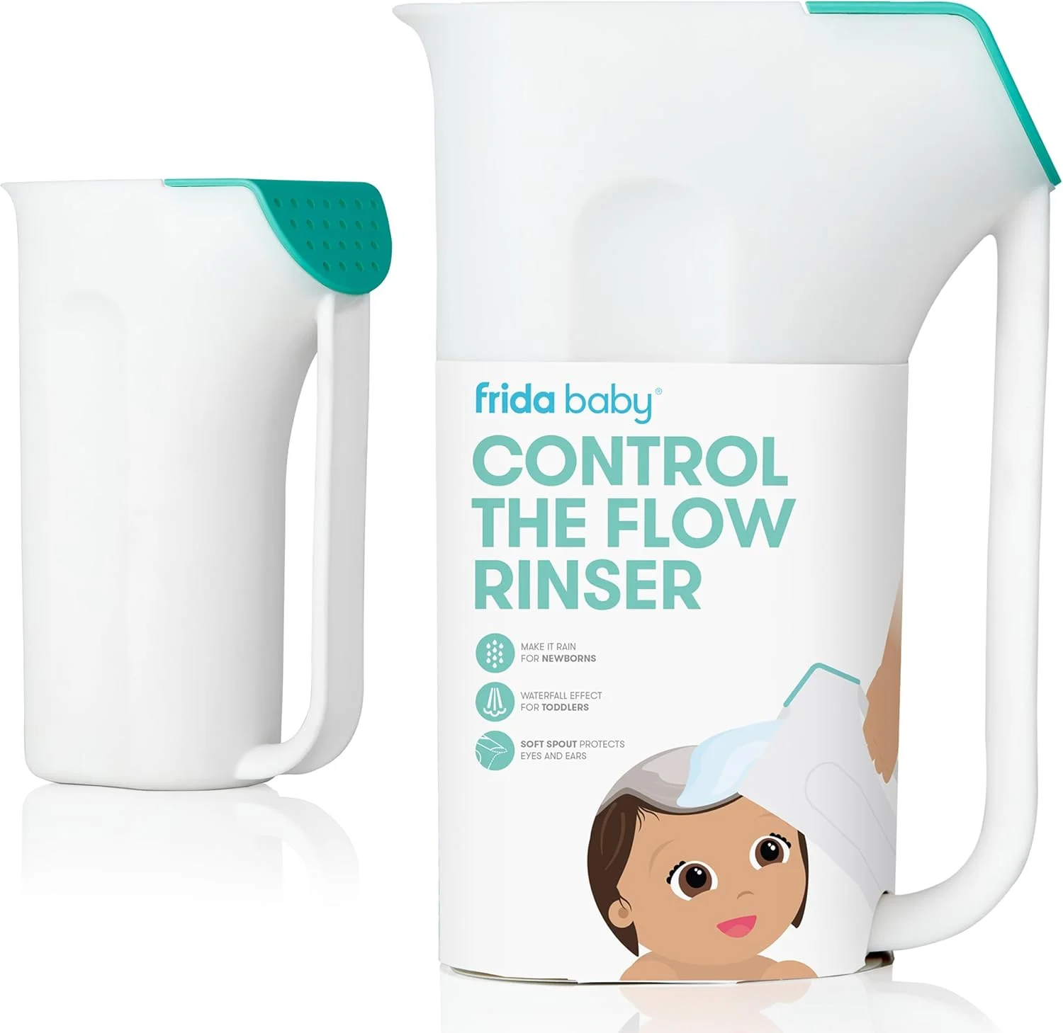 فنجان آبکشی حمام کودک Frida Baby Control The Flow Rinser با دسته آسان گیر و دوش بارانی جداشدنی، سفید