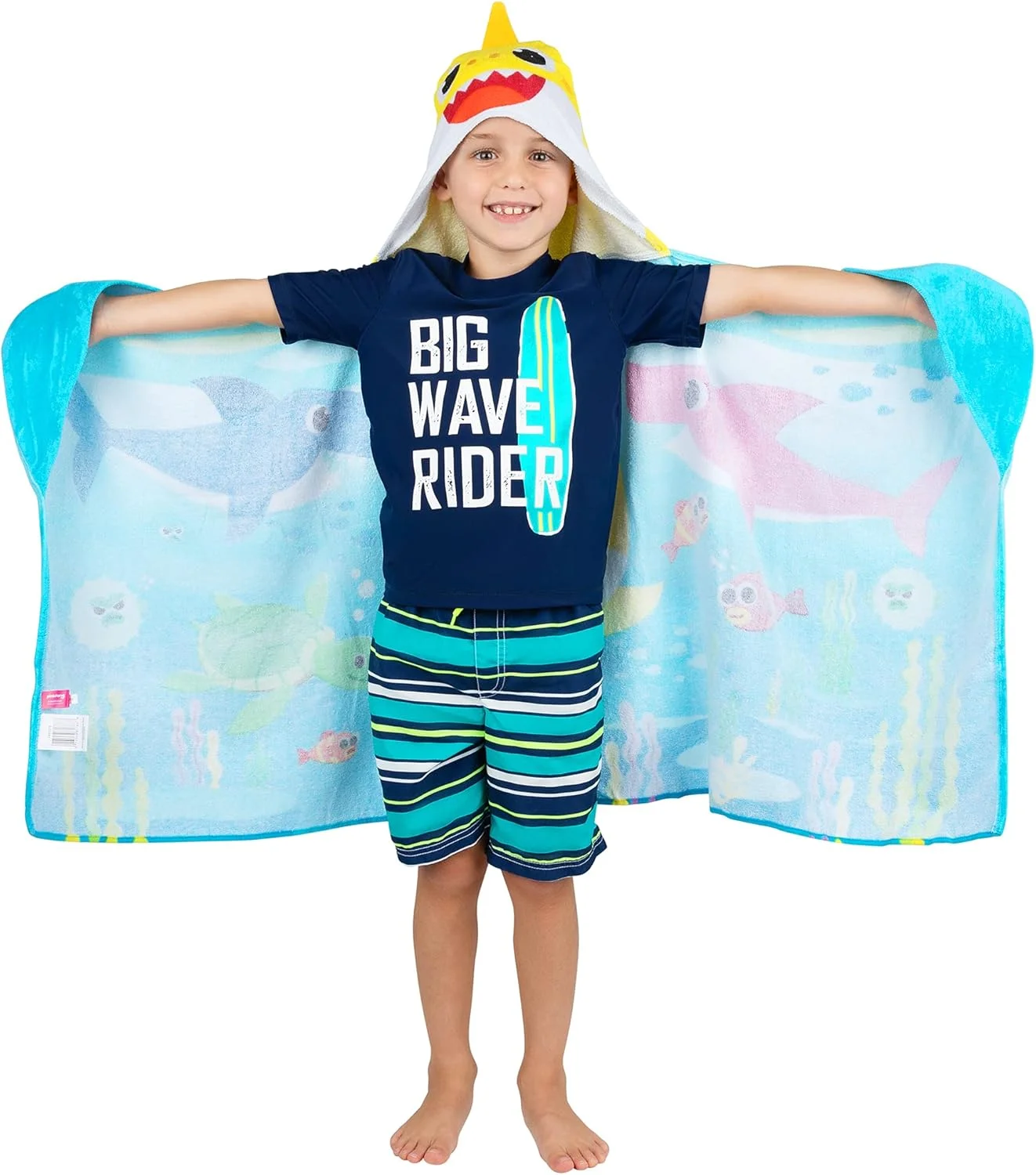 حوله کلاه دار نرم پنبه ای کودک طرح بیبی شارک فرانکو مناسب حمام، استخر و ساحل، 60 در 127 سانتی متر، محصول Kids