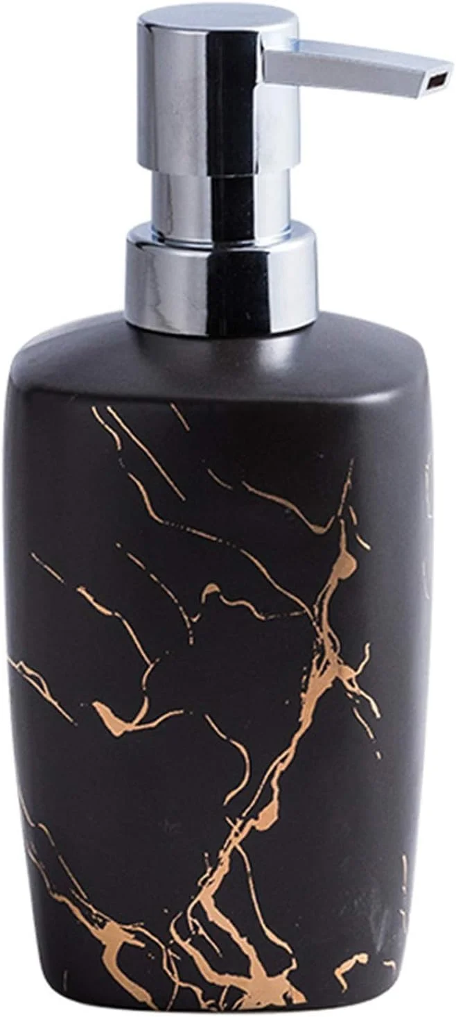 جا مایع دستشویی برای حمام 350 میلی لیتر، طرح مرمر مات راه راه، جا مایع سرامیکی با پمپ طلایی برای حمام، آشپزخانه، روی میز، بطری های پخش کننده