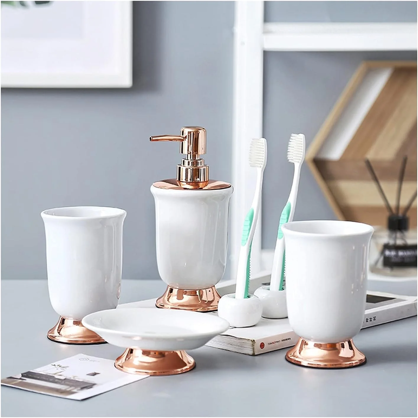 ست جا صابونی سرامیکی، ست لوازم جانبی حمام، جا مایع صابون یا لوسیون با جا مسواکی، جا صابونی حمام سفید مشکی