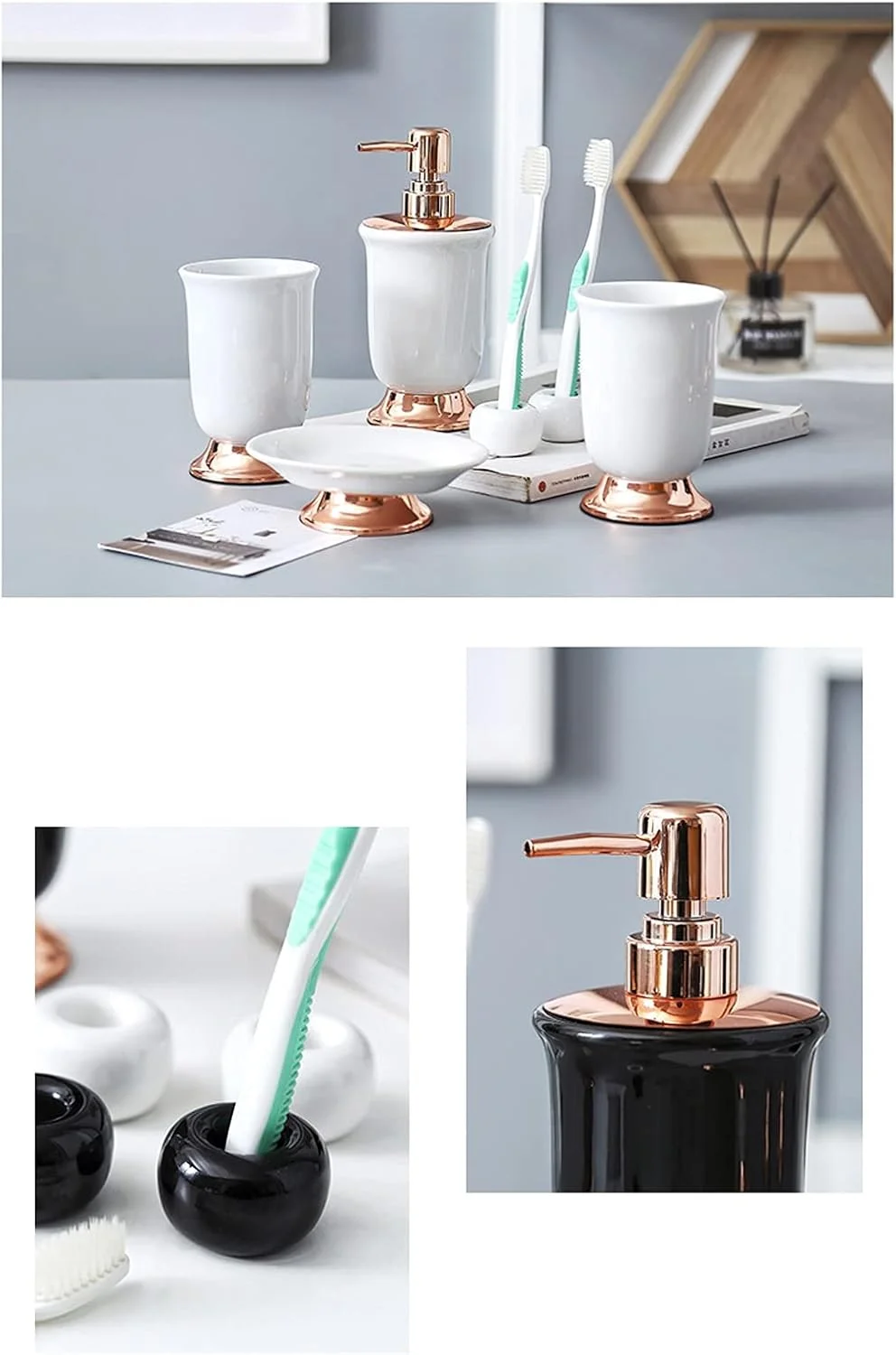 ست جا صابونی سرامیکی، ست لوازم جانبی حمام، جا مایع صابون یا لوسیون با جا مسواکی، جا صابونی حمام سفید مشکی