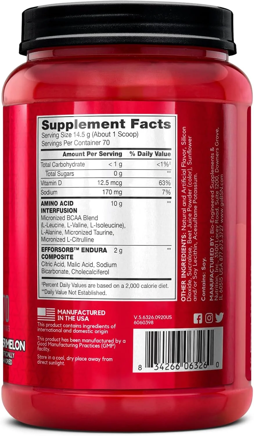 آمینو ایکس BSN، استقامت و ریکاوری، آمینو اسیدهای فوری جوشان، مکمل غذایی، 70 سروینگ، 1.1 کیلوگرم (2.23 پوند)، هندوانه