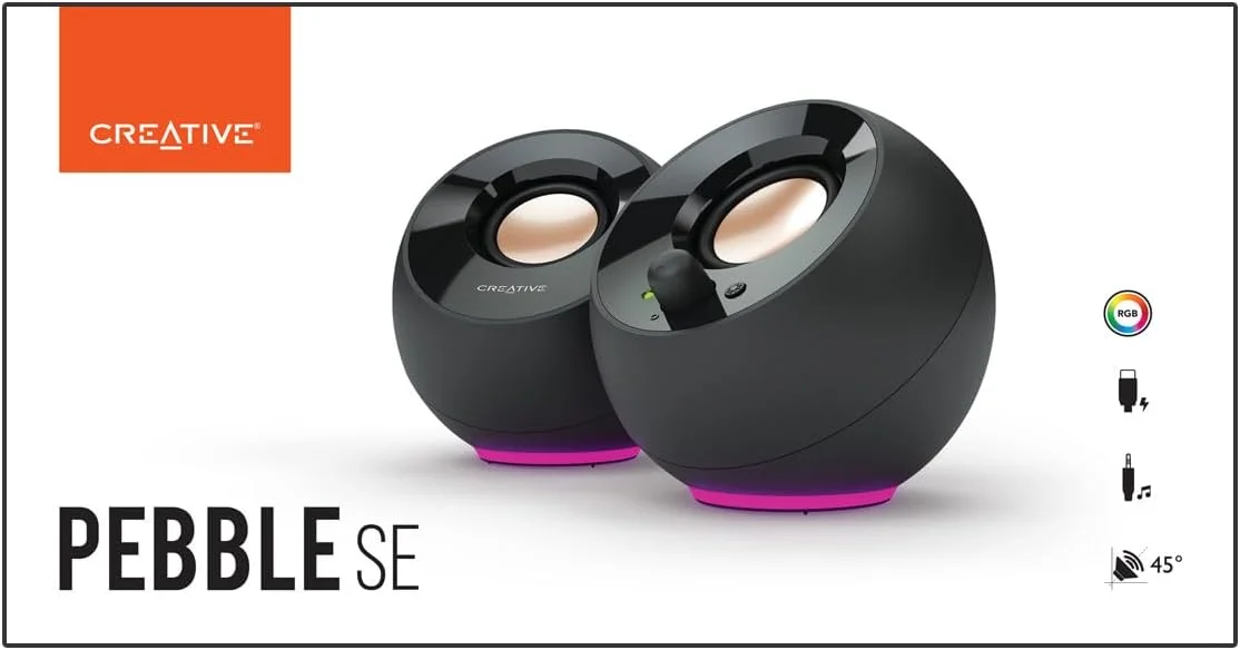 اسپیکرهای کامپیوتر Creative Pebble SE Minimalist 2.0 با نورپردازی RGB، تغذیه از طریق USB-C، ورودی AUX 3.5 میلیمتری، توان RMS تا 4.4 وات برای کامپیوترها و لپتاپها (مشکی) اسپیکرهای کامپیوتر Creative Pebble SE Minimalist 2.0 با نورپردازی RGB، تغذیه از طریق USB-C، ورودی AUX 3.5 میلیمتری، توان RMS تا 4.4 وات برای کامپیوترها و لپتاپها (مشکی)