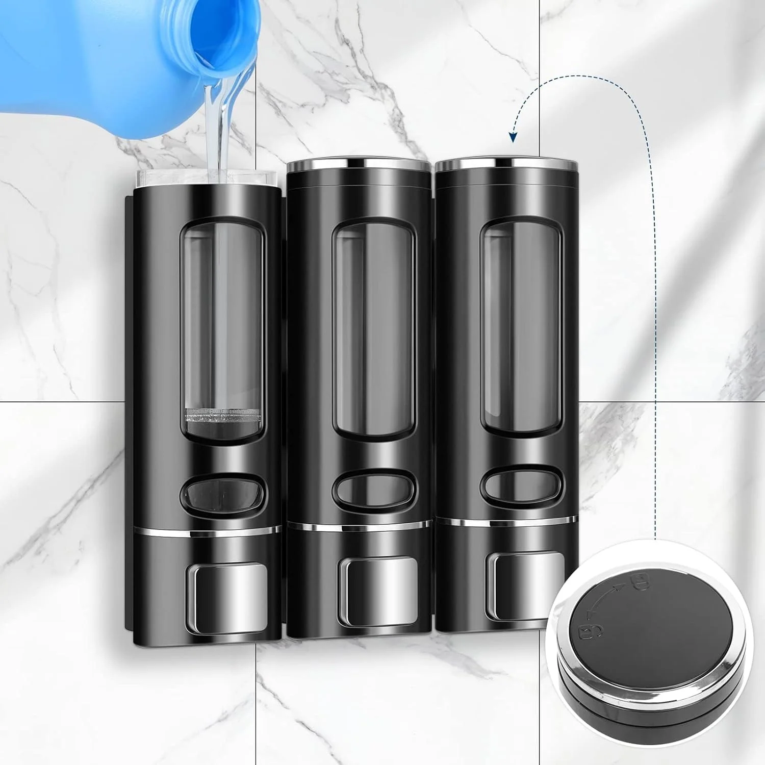 جا صابونی دیواری 3 در 1، جا شامپو و نرم کننده، جدا کننده صابون حمام، با برچسب ضد آب، جدا کننده دوش 3 محفظه بدون نیاز به دریل، مناسب هتل، حمام، مدرسه، مرکز خرید (مشکی) جا صابونی دیواری 3 در 1، جا شامپو و نرم کننده، جدا کننده صابون حمام، با برچسب ضد آب، جدا کننده دوش 3 محفظه بدون نیاز به دریل، مناسب هتل، حمام، مدرسه، مرکز خرید (مشکی)