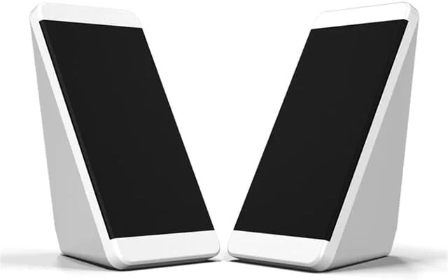 اسپیکر کامپیوتر سیم دار USB، دو عدد، با طراحی زاویه دار برای لپ تاپ، کامپیوتر رومیزی، قفسه کتاب، تقویت کننده های صوتی قدرتمند (سفید)
