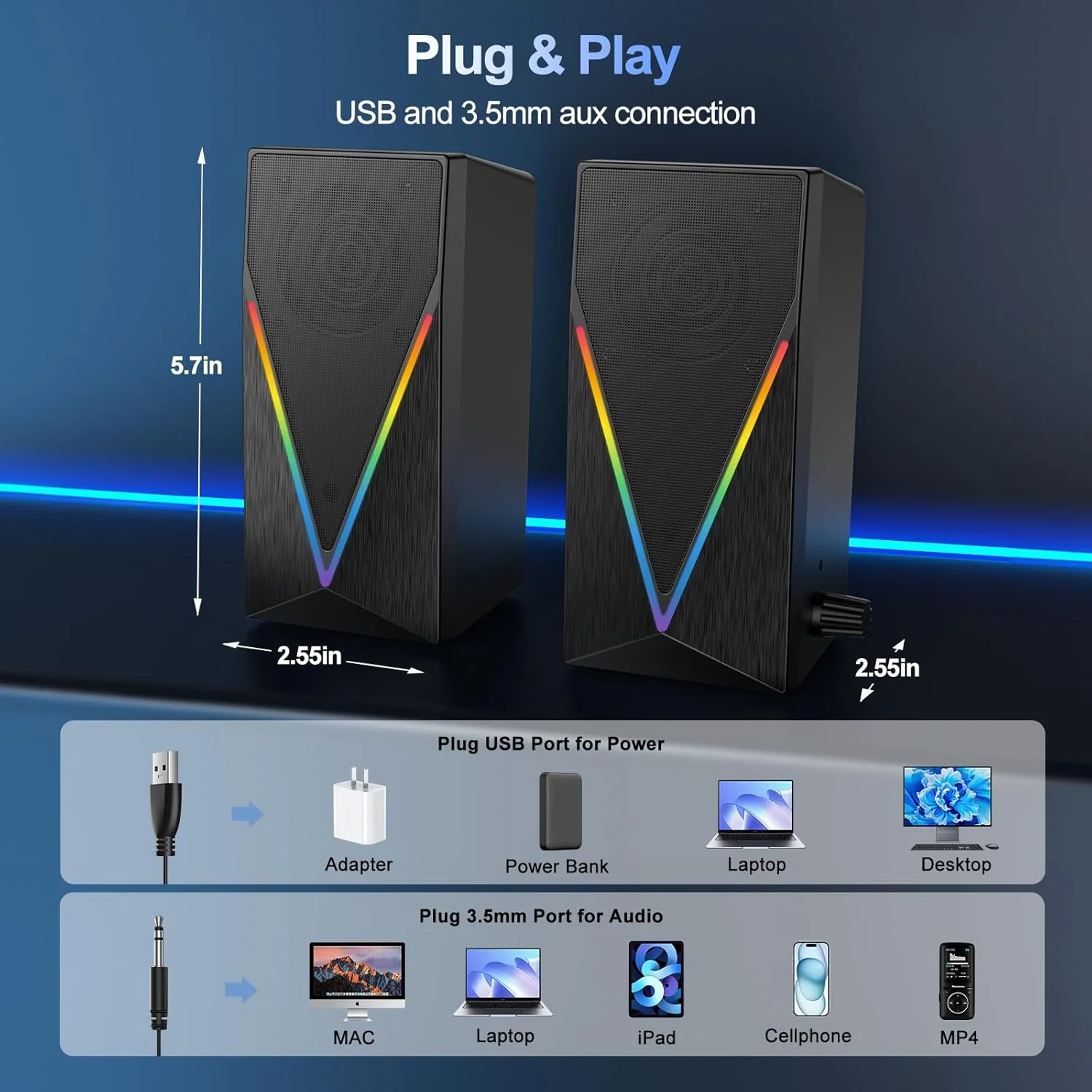اسپیکرهای رومیزی RGB با بیس تقویت شده، کنترل صدا و 6 نور رنگارنگ - اسپیکرهای گیمینگ USB و AUX 3.5 میلی متری برای لپ تاپ، کامپیوتر، تبلت، تلفن اسپیکرهای رومیزی RGB با بیس تقویت شده، کنترل صدا و 6 نور رنگارنگ - اسپیکرهای گیمینگ USB و AUX 3.5 میلی متری برای لپ تاپ، کامپیوتر، تبلت، تلفن