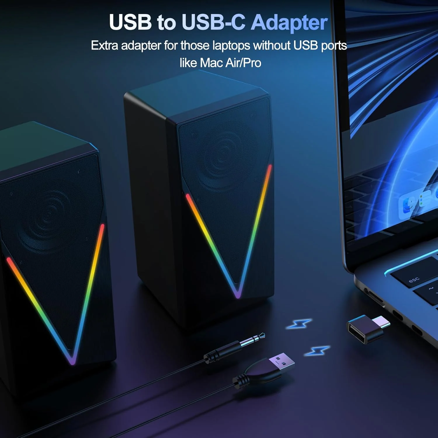 اسپیکرهای رومیزی RGB با بیس تقویت شده، کنترل صدا و 6 نور رنگارنگ - اسپیکرهای گیمینگ USB و AUX 3.5 میلی متری برای لپ تاپ، کامپیوتر، تبلت، تلفن اسپیکرهای رومیزی RGB با بیس تقویت شده، کنترل صدا و 6 نور رنگارنگ - اسپیکرهای گیمینگ USB و AUX 3.5 میلی متری برای لپ تاپ، کامپیوتر، تبلت، تلفن