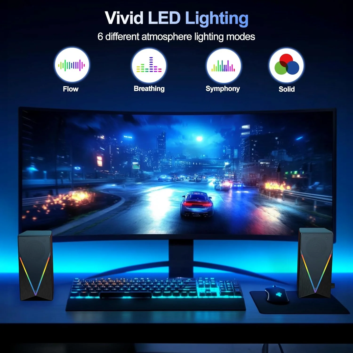 اسپیکرهای رومیزی RGB با بیس تقویت شده، کنترل صدا و 6 نور رنگارنگ - اسپیکرهای گیمینگ USB و AUX 3.5 میلی متری برای لپ تاپ، کامپیوتر، تبلت، تلفن اسپیکرهای رومیزی RGB با بیس تقویت شده، کنترل صدا و 6 نور رنگارنگ - اسپیکرهای گیمینگ USB و AUX 3.5 میلی متری برای لپ تاپ، کامپیوتر، تبلت، تلفن