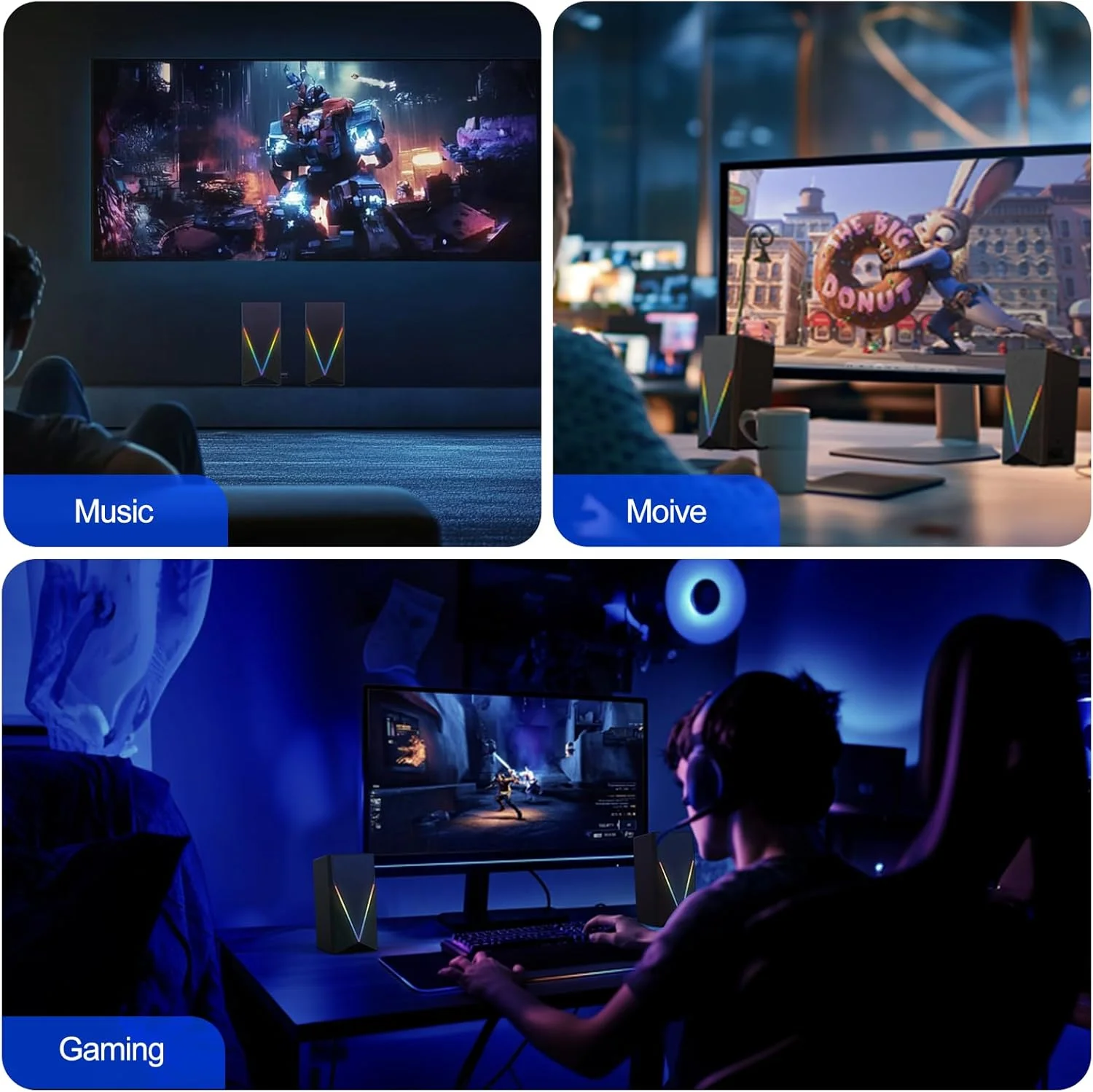اسپیکرهای رومیزی RGB با بیس تقویت شده، کنترل صدا و 6 نور رنگارنگ - اسپیکرهای گیمینگ USB و AUX 3.5 میلی متری برای لپ تاپ، کامپیوتر، تبلت، تلفن اسپیکرهای رومیزی RGB با بیس تقویت شده، کنترل صدا و 6 نور رنگارنگ - اسپیکرهای گیمینگ USB و AUX 3.5 میلی متری برای لپ تاپ، کامپیوتر، تبلت، تلفن