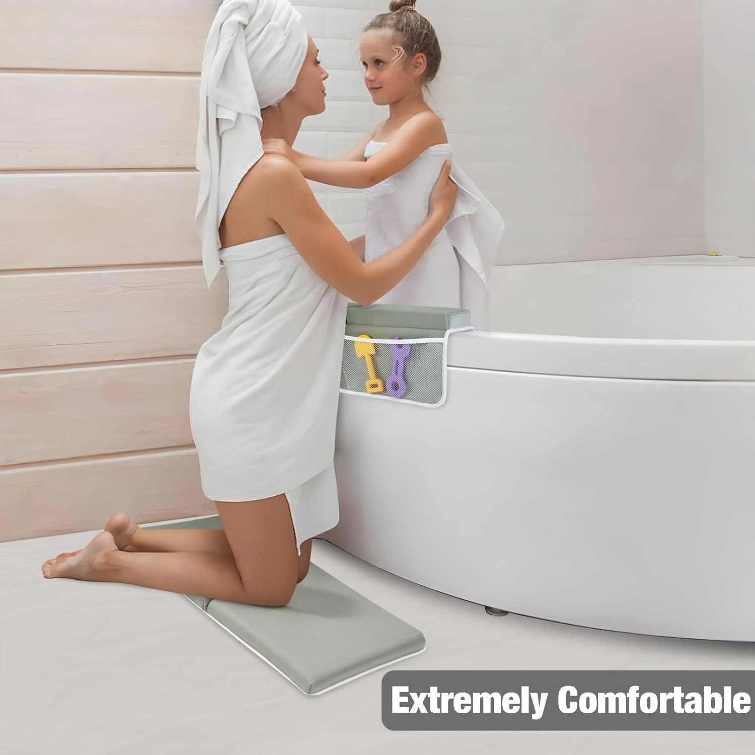 پد زانو و آرنج حمام کودک PandaEar، تشک زانو زدن راحت و ضد لغزش با جیب های ذخیره سازی اسباب بازی، تشک فوم تاشو برای زمان حمام کردن کودک (خاکستری)