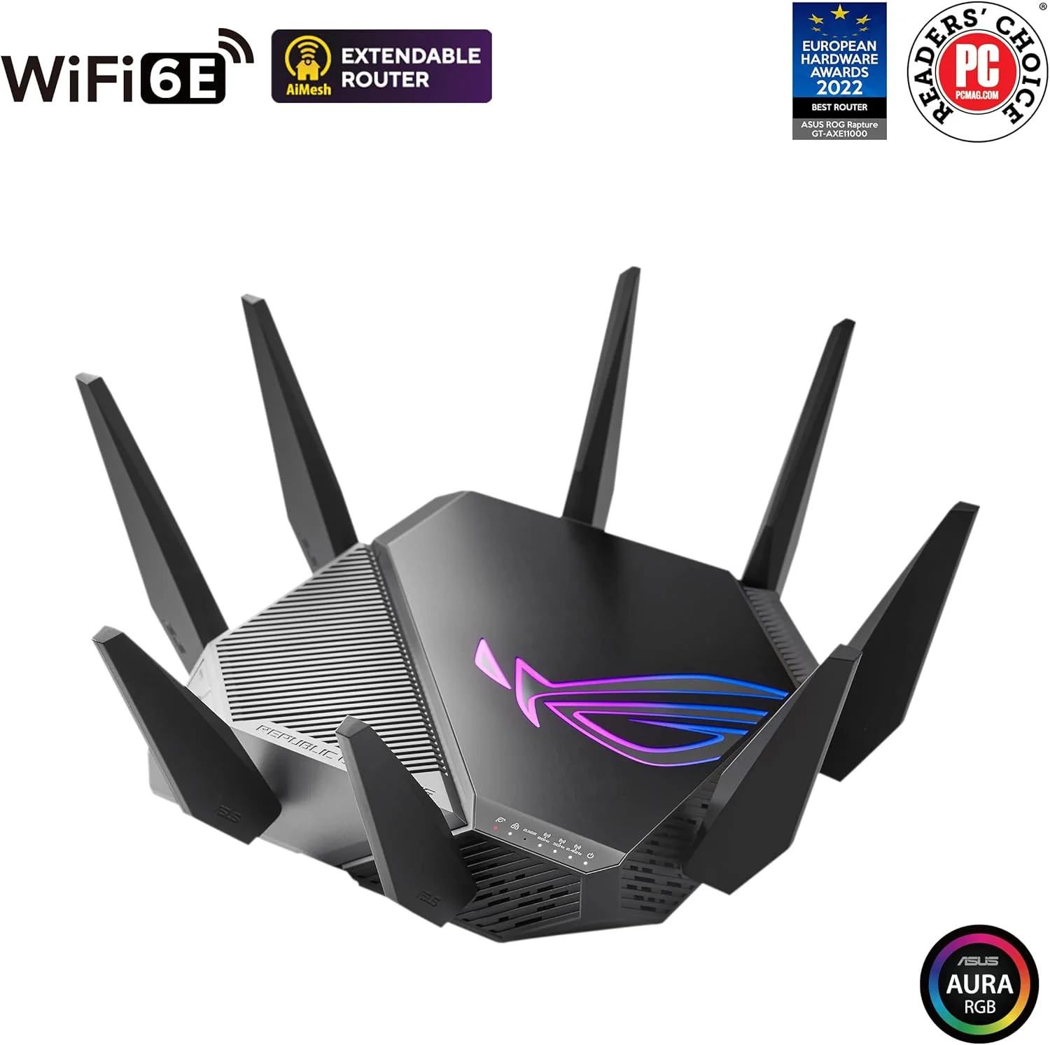 روتر گیمینگ سه بانده گیگابیتی Asus WiFi 6 مدل ROG GTAXE11000 Rapture 802.11ax با سرعت 114848044804 مگابیت بر ثانیه، دارای پورت های اترنت LAN (RJ45) با سرعت 1010010002500 مگابیت بر ثانیه، 5 عدد پورت، پشتیبانی از MUMiMO، بله، خیر، بدون mo روتر گیمینگ سه بانده گیگابیتی Asus WiFi 6 مدل ROG GTAXE11000 Rapture 802.11ax با سرعت 114848044804 مگابیت بر ثانیه، دارای پورت های اترنت LAN (RJ45) با سرعت 1010010002500 مگابیت بر ثانیه، 5 عدد پورت، پشتیبانی از MUMiMO، بله، خیر، بدون mo