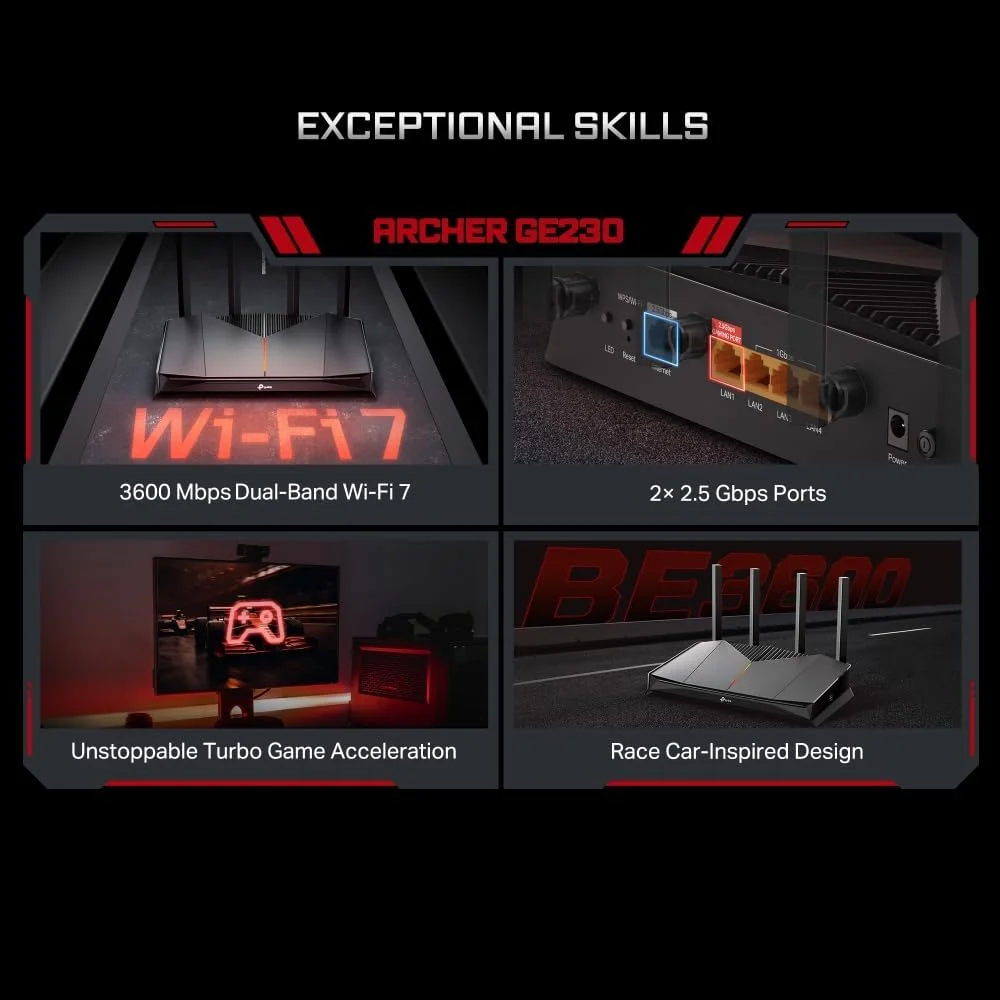 روتر گیمینگ وای فای 7 تی پی-لینک Archer GE230، وای فای دو بانده BE3600، 2 پورت 2.5 گیگابیتی + 3 پورت گیگابیتی، MLO، HomeShield، USB 3.0، EasyMesh، شبکه خصوصی برای گیمرها، نورپردازی RGB (بدون) روتر گیمینگ وای فای 7 تی پی-لینک Archer GE230، وای فای دو بانده BE3600، 2 پورت 2.5 گیگابیتی + 3 پورت گیگابیتی، MLO، HomeShield، USB 3.0، EasyMesh، شبکه خصوصی برای گیمرها، نورپردازی RGB (بدون)