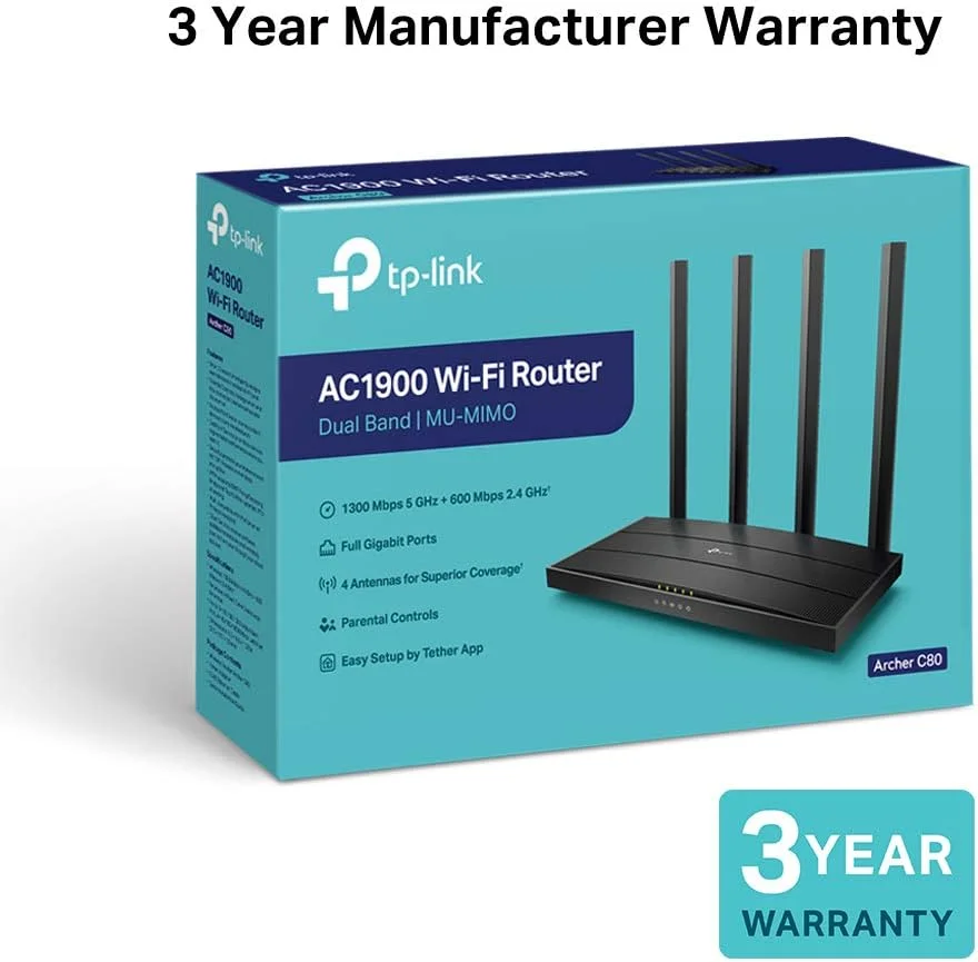 روتر گیمینگ بی سیم دو بانده TP-Link Archer C80 AC1900 MU-MIMO، سرعت Wi-Fi تا 1300 مگابیت در ثانیه / 5 گیگاهرتز + 600 مگابیت در ثانیه / 2.4 گیگاهرتز، پشتیبانی از کنترل والدین، Wi-Fi مهمان