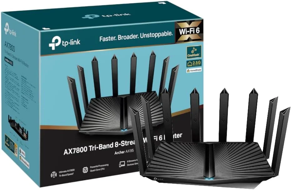 روتر وای فای 6 گیگابیتی سه بانده TP-Link AX7800، سرعت وای فای تا 7800 مگابیت بر ثانیه، 1 پورت 2.5 گیگابیت بر ثانیه + 4 پورت 1 گیگابیت بر ثانیه، پردازنده چهار هسته ای 1.7 گیگاهرتز، USB 3.0+2.0، ایده آل برای بازی Xbox/PS4/Steam و 4K/8K، OneMesh™ (Archer AX95) روتر وای فای 6 گیگابیتی سه بانده TP-Link AX7800، سرعت وای فای تا 7800 مگابیت بر ثانیه، 1 پورت 2.5 گیگابیت بر ثانیه + 4 پورت 1 گیگابیت بر ثانیه، پردازنده چهار هسته ای 1.7 گیگاهرتز، USB 3.0+2.0، ایده آل برای بازی Xbox/PS4/Steam و 4K/8K، OneMesh™ (Archer AX95)