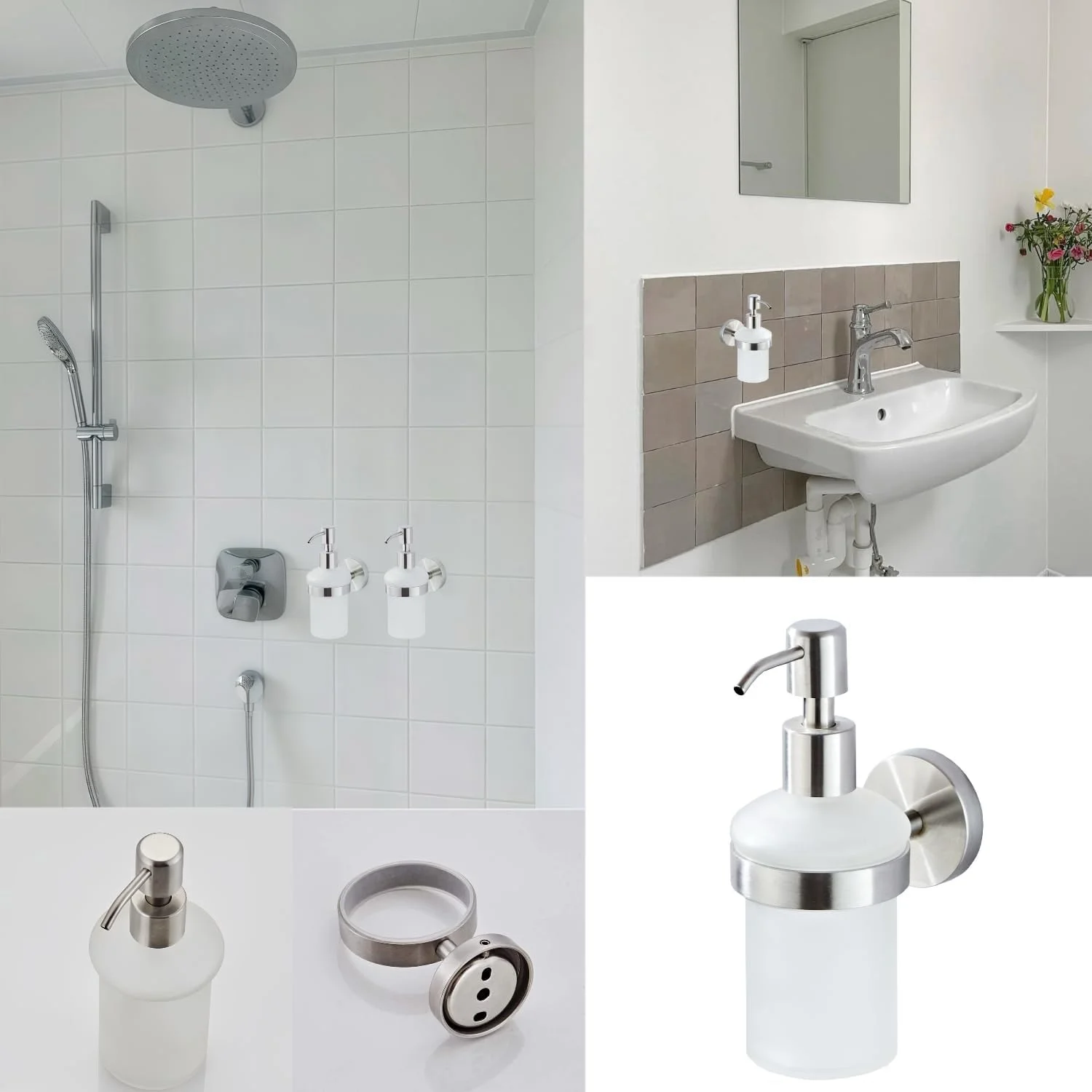 جا مایع دستشویی دیواری، بطری پمپ دستی برای آشپزخانه و حمام، جا مایع استیل ضد زنگ با نگهدارنده