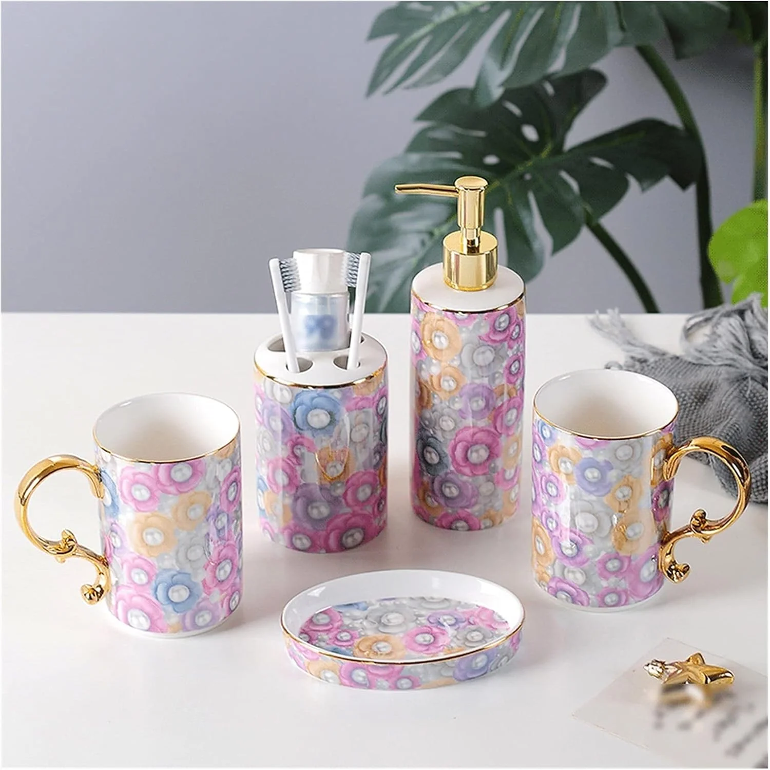 جا مایع صابون، جا مایع لوسیون سرامیکی رنگی، ست 5 تکه حمام مناسب برای حمام، سینک آشپزخانه، هتل، قابل استفاده مجدد