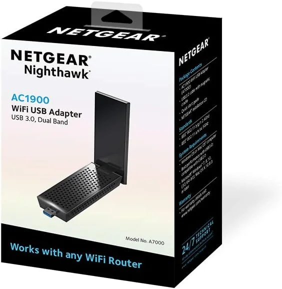 آداپتور USB 3.0 وای فای NETGEAR AC1900 برای رایانه شخصی رومیزی | دانگل وای فای دو بانده برای اینترنت بی سیم (A7000-10000S)