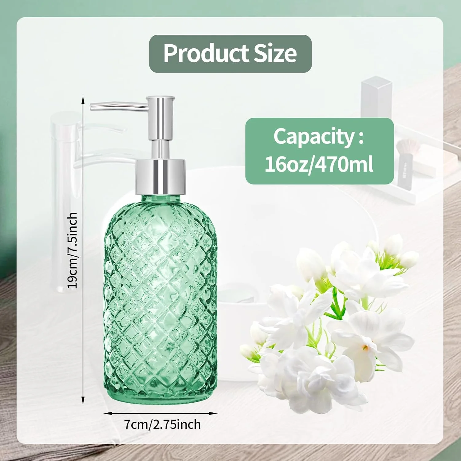 بسته 2 عددی جا مایع ظرفشویی شیشه ای 450 میلی لیتری با پمپ، بطری جا مایع دستشویی 16 اونسی قابل شارژ مجدد برای حمام، روی میز، سینک آشپزخانه، لوازم دکوری منزل، جا مایع ظرفشویی آشپزخانه ممتاز