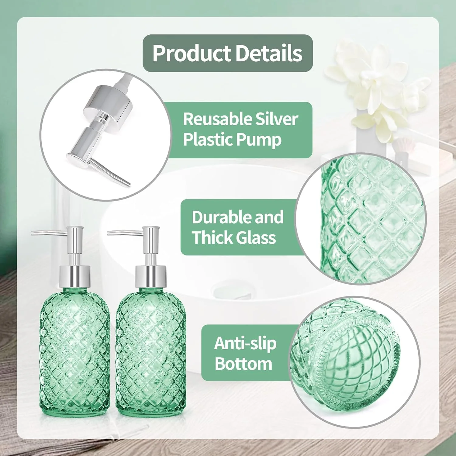 بسته 2 عددی جا مایع ظرفشویی شیشه ای 450 میلی لیتری با پمپ، بطری جا مایع دستشویی 16 اونسی قابل شارژ مجدد برای حمام، روی میز، سینک آشپزخانه، لوازم دکوری منزل، جا مایع ظرفشویی آشپزخانه ممتاز