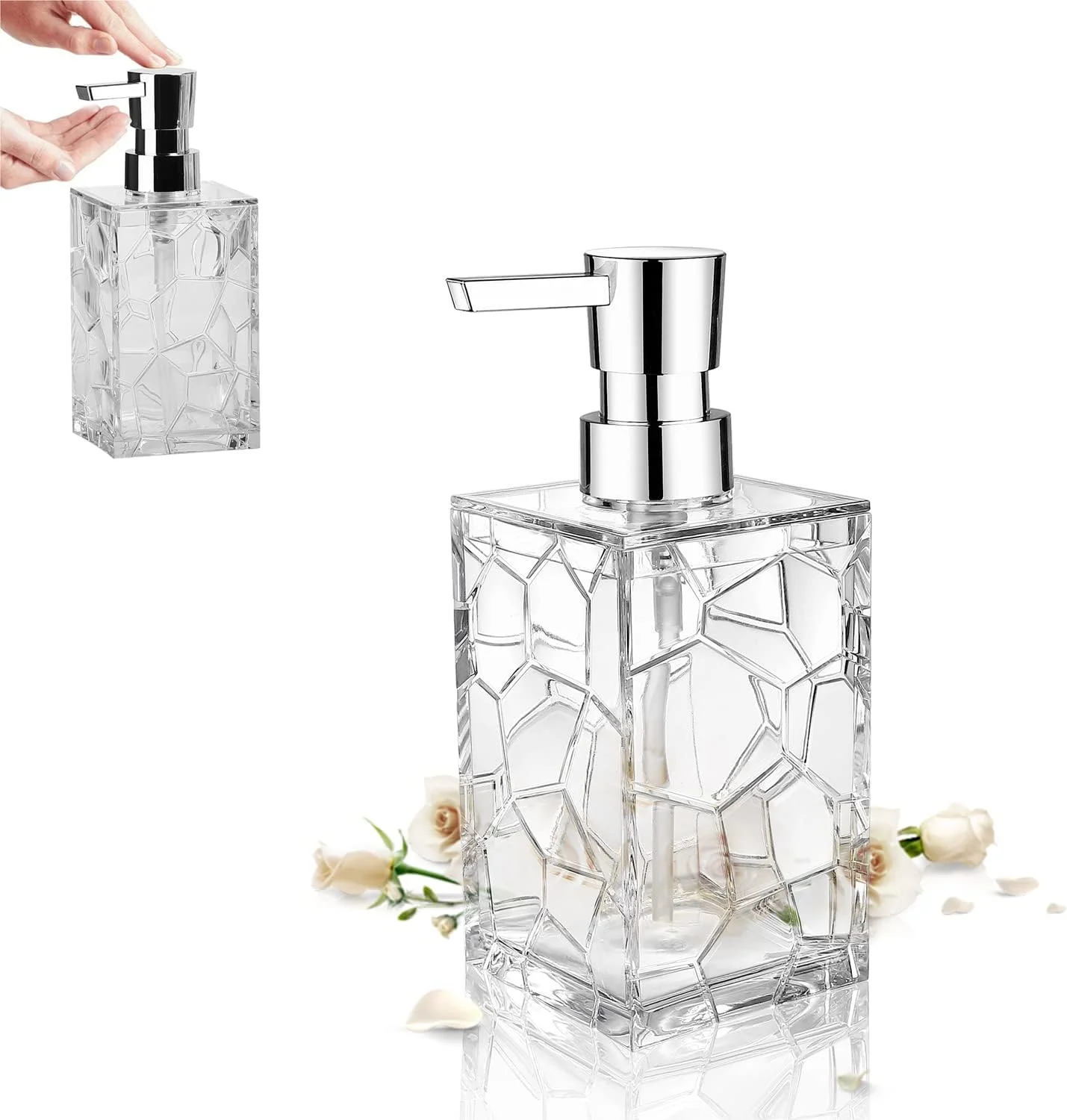 جا مایع دستشویی آکریلیک، بطری 325 میلی لیتری قابل شارژ مجدد مایع دست، مایع ظرفشویی، شامپو، لوسیون با پمپ، دکوری شفاف و ظریف چند ضلعی برای حمام، سینک آشپزخانه