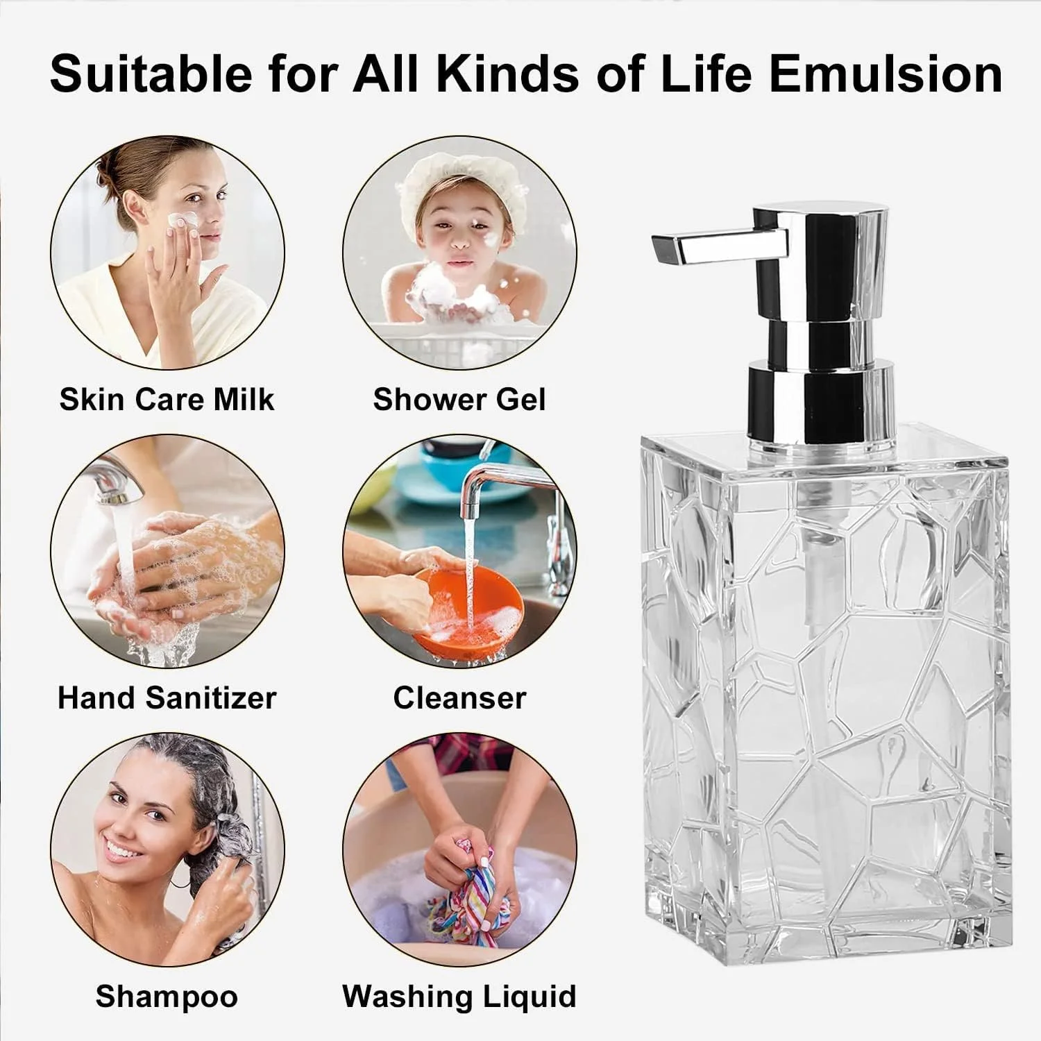 جا مایع دستشویی آکریلیک، بطری 325 میلی لیتری قابل شارژ مجدد مایع دست، مایع ظرفشویی، شامپو، لوسیون با پمپ، دکوری شفاف و ظریف چند ضلعی برای حمام، سینک آشپزخانه