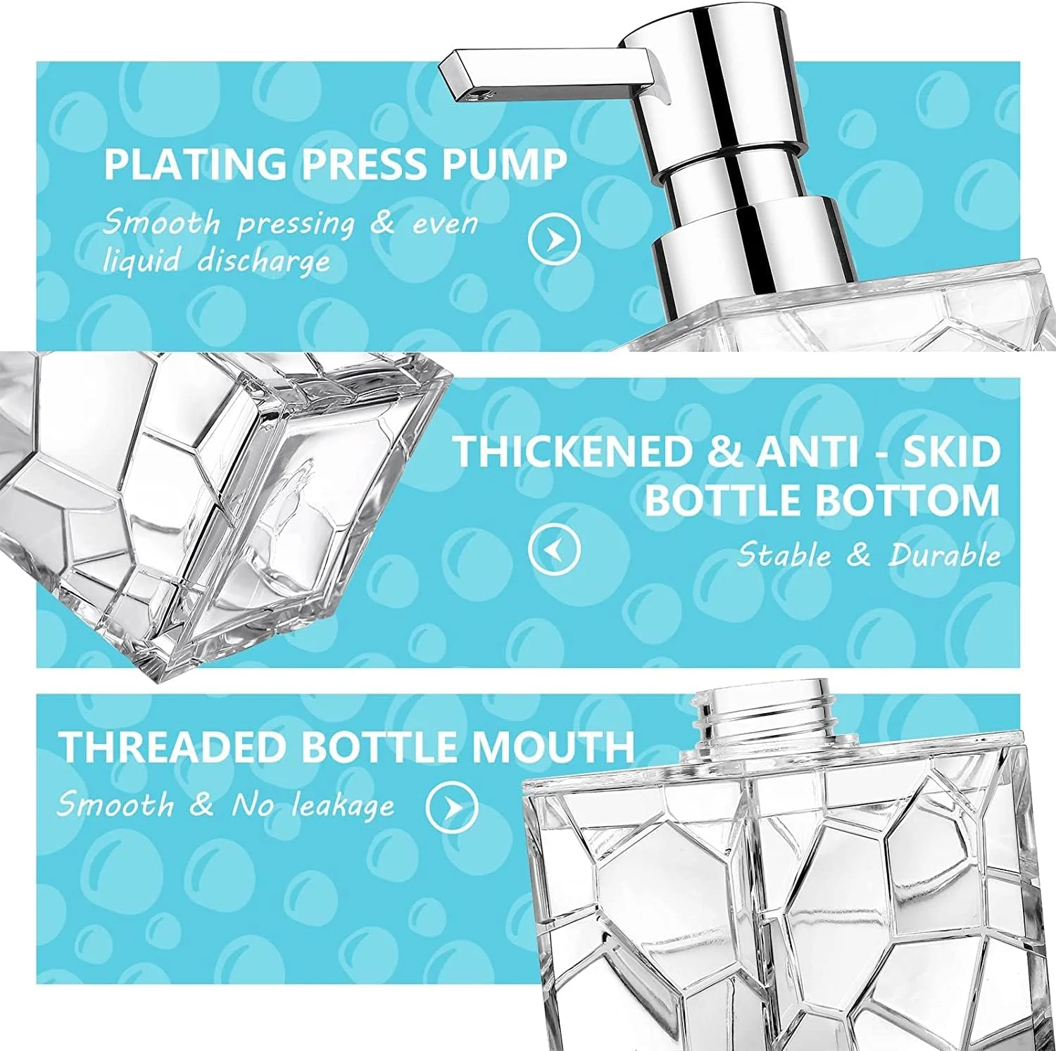 جا مایع دستشویی آکریلیک، بطری 325 میلی لیتری قابل شارژ مجدد مایع دست، مایع ظرفشویی، شامپو، لوسیون با پمپ، دکوری شفاف و ظریف چند ضلعی برای حمام، سینک آشپزخانه