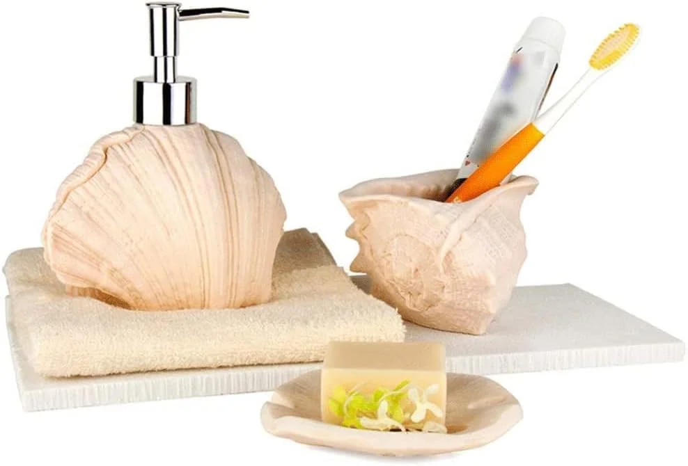 ست لوازم جانبی حمام سنگ ماسه ای شامل بطری لوسیون، جا صابونی، لیوان شستشو، بطری پمپ لوسیون 350 میلی لیتری