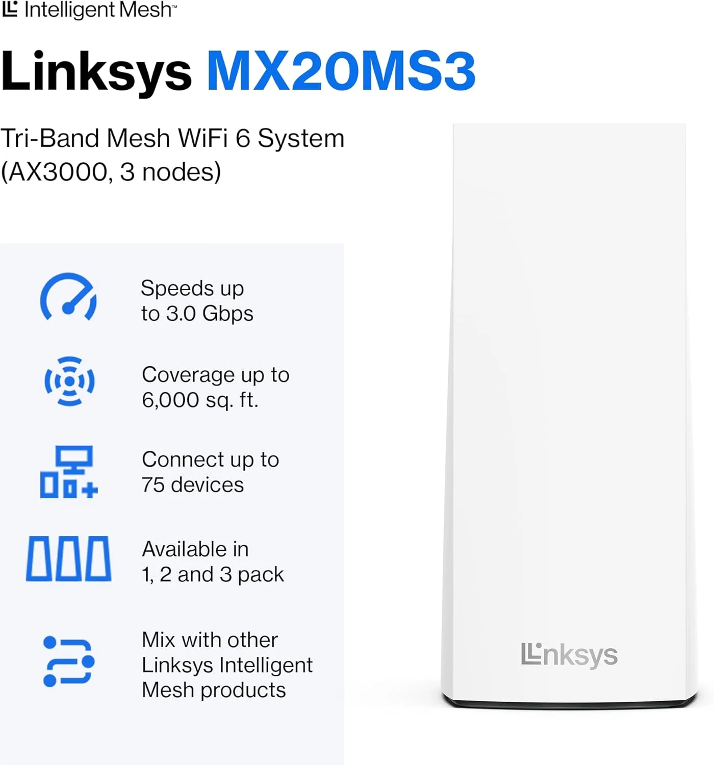 سیستم وای فای مش خانگی روتر Linksys Atlas WiFi 6، دو بانده، پوشش 557 متر مربع، 75+ دستگاه، سرعت تا (AX3000) 3.0 گیگابیت بر ثانیه - بسته 3 عددی MX2000 سیستم وای فای مش خانگی روتر Linksys Atlas WiFi 6، دو بانده، پوشش 557 متر مربع، 75+ دستگاه، سرعت تا (AX3000) 3.0 گیگابیت بر ثانیه - بسته 3 عددی MX2000