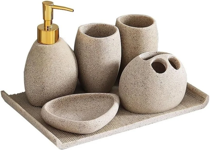 جا صابونی ساده حمام، ست 6 تکه شامل بطری پخش کننده، لیوان دهانشویه، ست شستشو، سینی حمام و پخش کننده صابون مایع