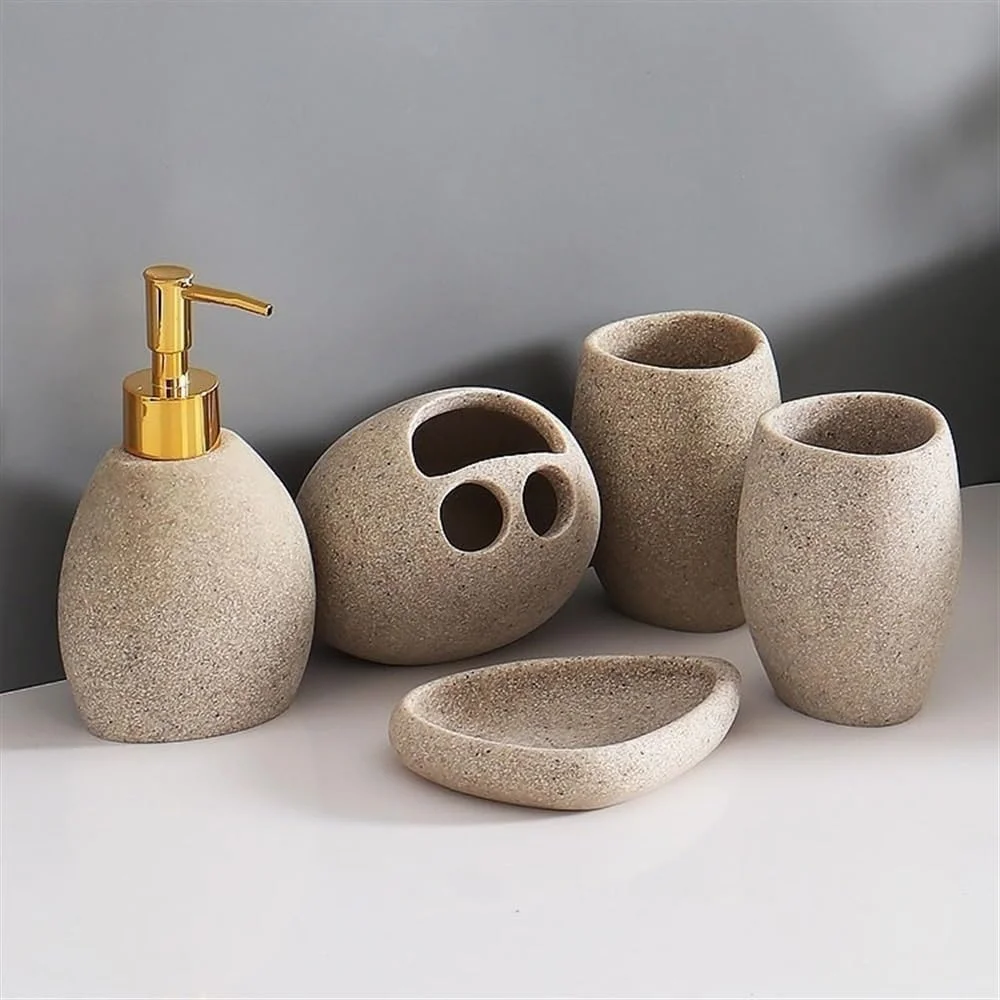 جا صابونی ساده حمام، ست 6 تکه شامل بطری پخش کننده، لیوان دهانشویه، ست شستشو، سینی حمام و پخش کننده صابون مایع