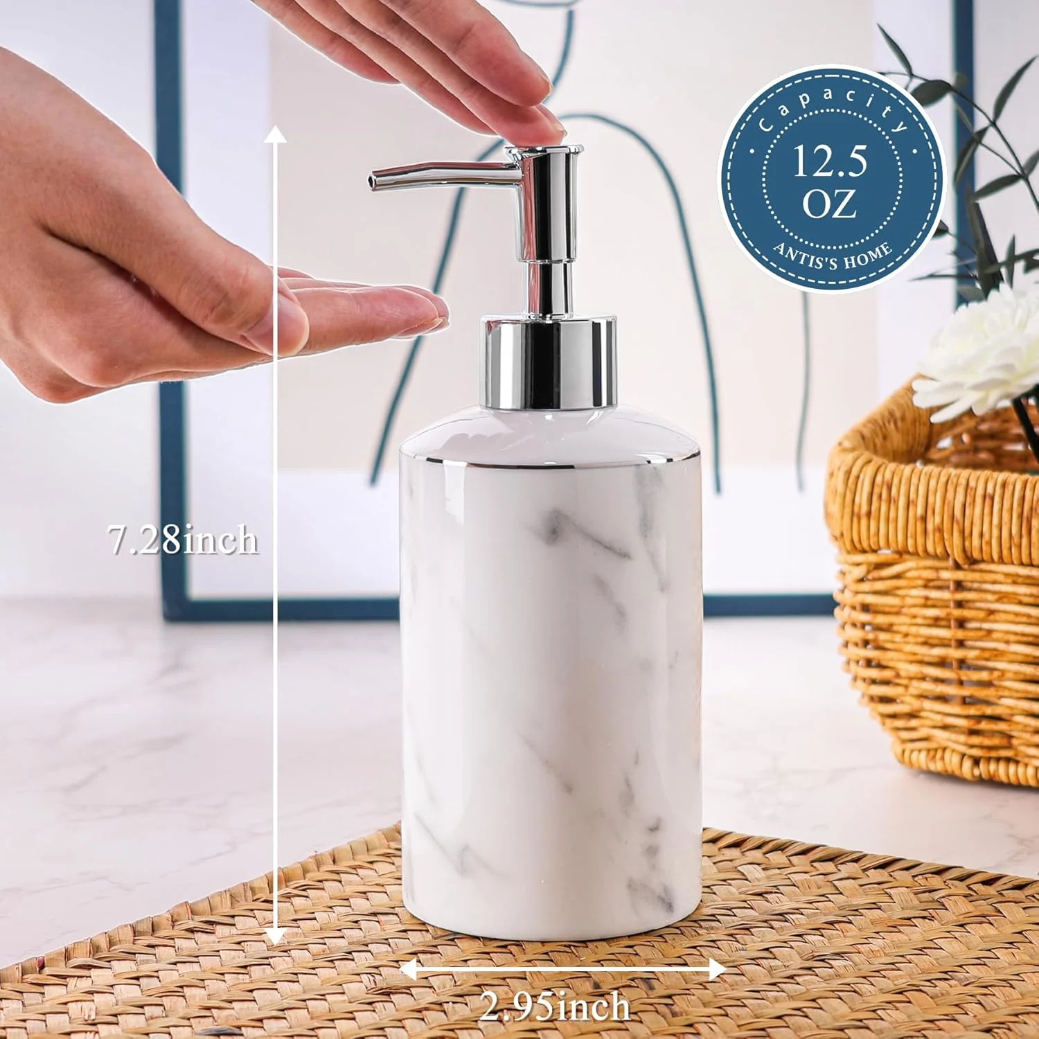 جا مایع ظرفشویی سرامیکی آنتیس هوم، 370 میلی لیتر - جا مایع ظرفشویی قابل شارژ با سر پمپ نقره ای، طرح مرمر با خطوط نقره ای برای حمام و آشپزخانه