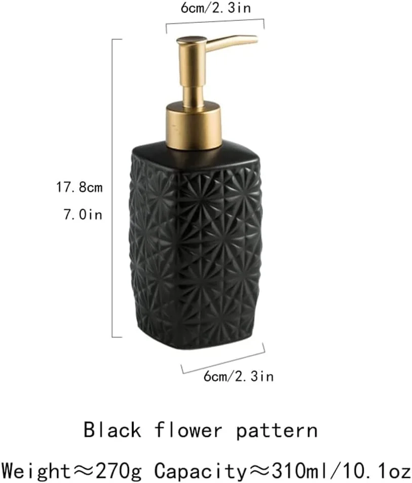 جا مایع صابون، جا لوسیون 310 میلی لیتر، جا مایع رومیزی سرامیکی با طرح سه بعدی، بطری لوسیون حمام، جا لوسیون شیک - طرح گل مشکی