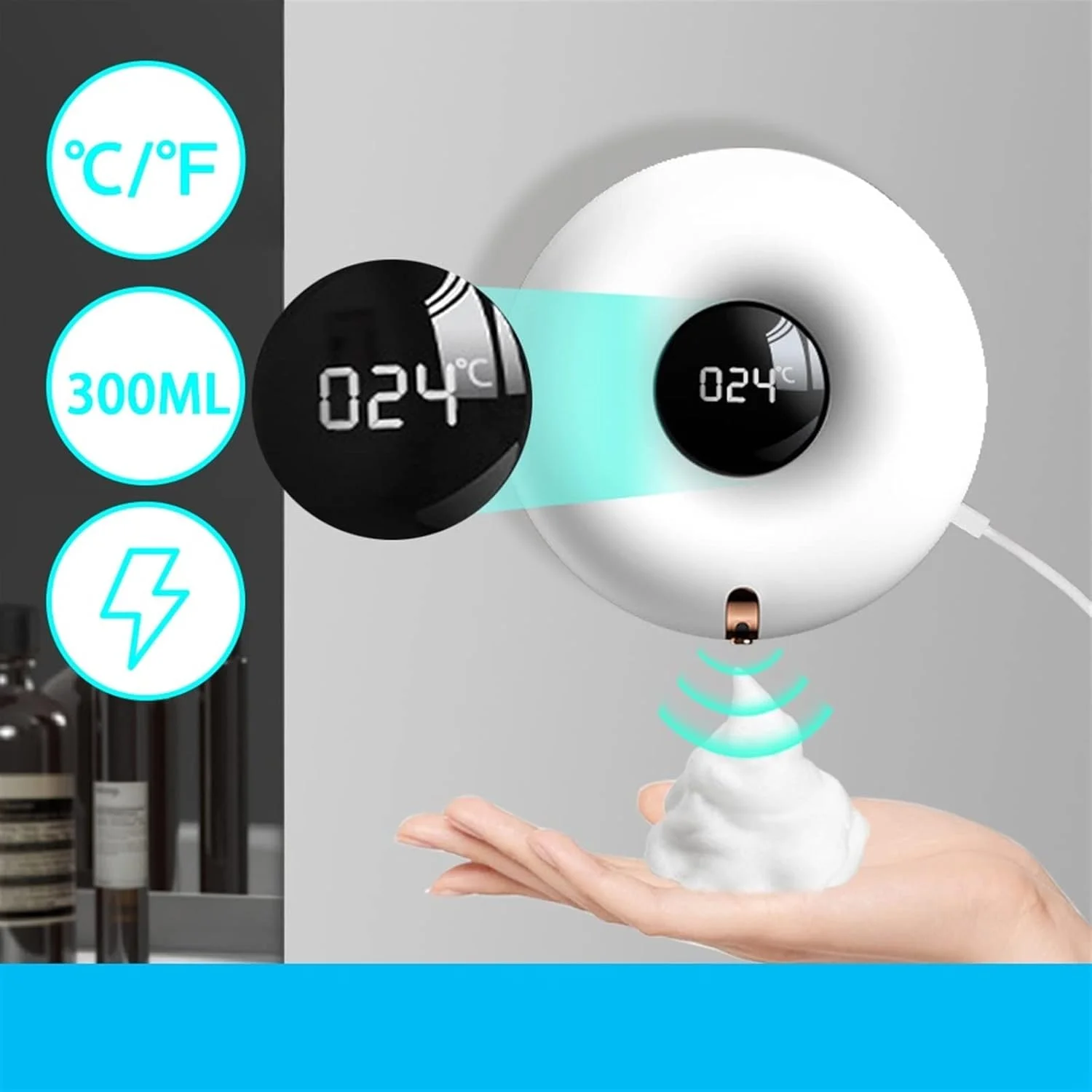 جامایع صابون اتوماتیک TEDNIDS، قابل شارژ، بدون لمس، نمایشگر دیجیتال دما، قابل نصب روی دیوار