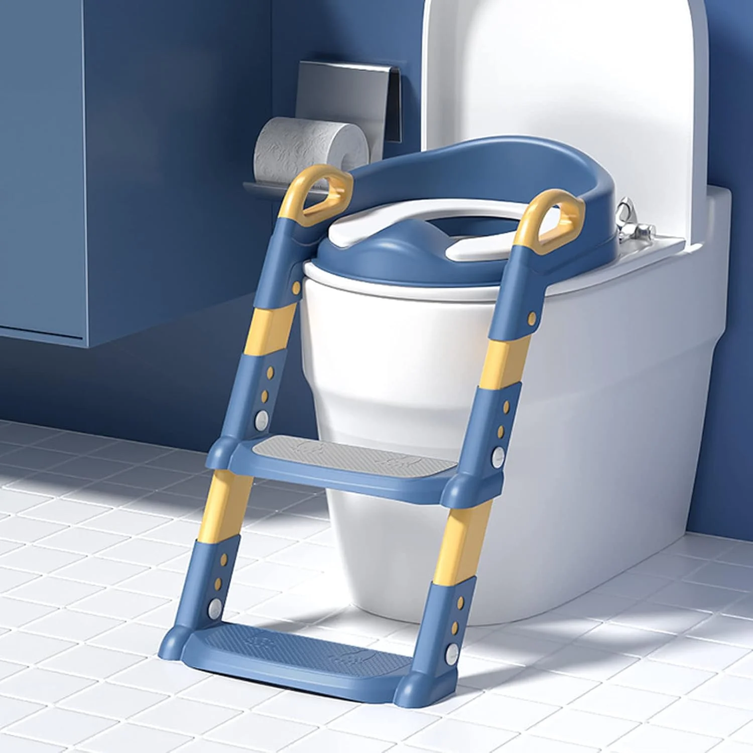 صندلی آموزشی تاشو با قابلیت تنظیم ارتفاع به همراه چهارپایه، آموزش توالت با محافظ پاشش ادرار مناسب برای اکثر توالت ها، صندلی توالت فرنگی نردبانی محکم با تحمل وزن 80 کیلوگرم مناسب برای کودکان (آبی)