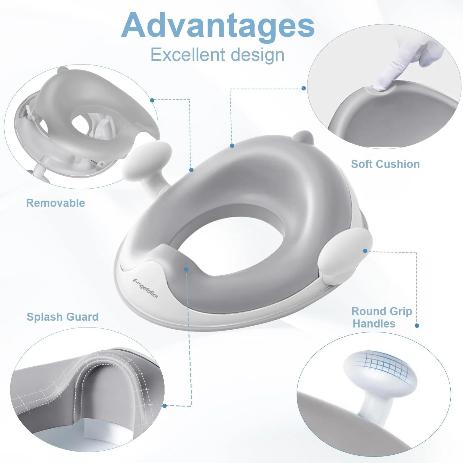 صندلی توالت آموزشی کودک ANGELBLISS با دسته های کوسن دار نرم، مجموعه Haute، طراحی ضد لغزش دوبل و محافظ پاشش برای پسران و دختران (خاکستری)