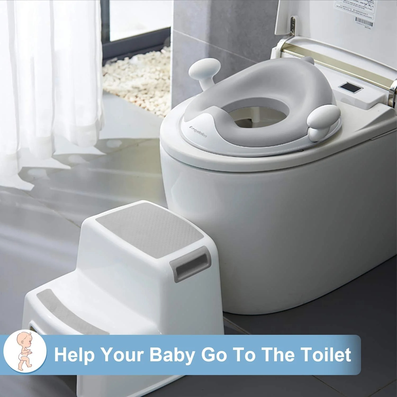 صندلی توالت آموزشی کودک ANGELBLISS با دسته های کوسن دار نرم، مجموعه Haute، طراحی ضد لغزش دوبل و محافظ پاشش برای پسران و دختران (خاکستری)