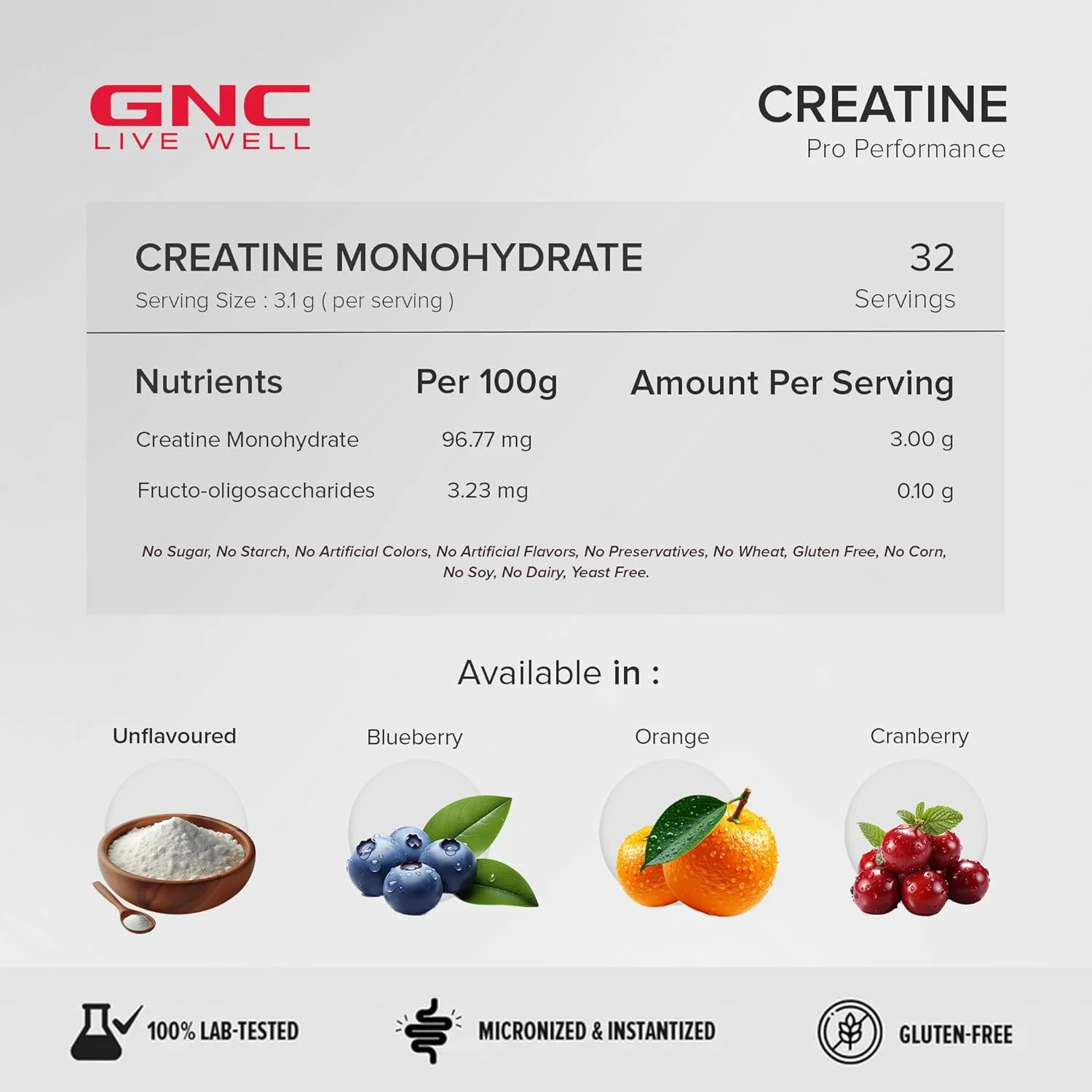 کراتین مونوهیدرات GNC Pro Performance - 3000 میلی گرم کراتین در هر پیمانه | میکرونیزه شده برای جذب سریعتر | افزایش انرژی، حجم عضلات و عملکرد | بدون گلوتن | بدون طعم | 100 گرم